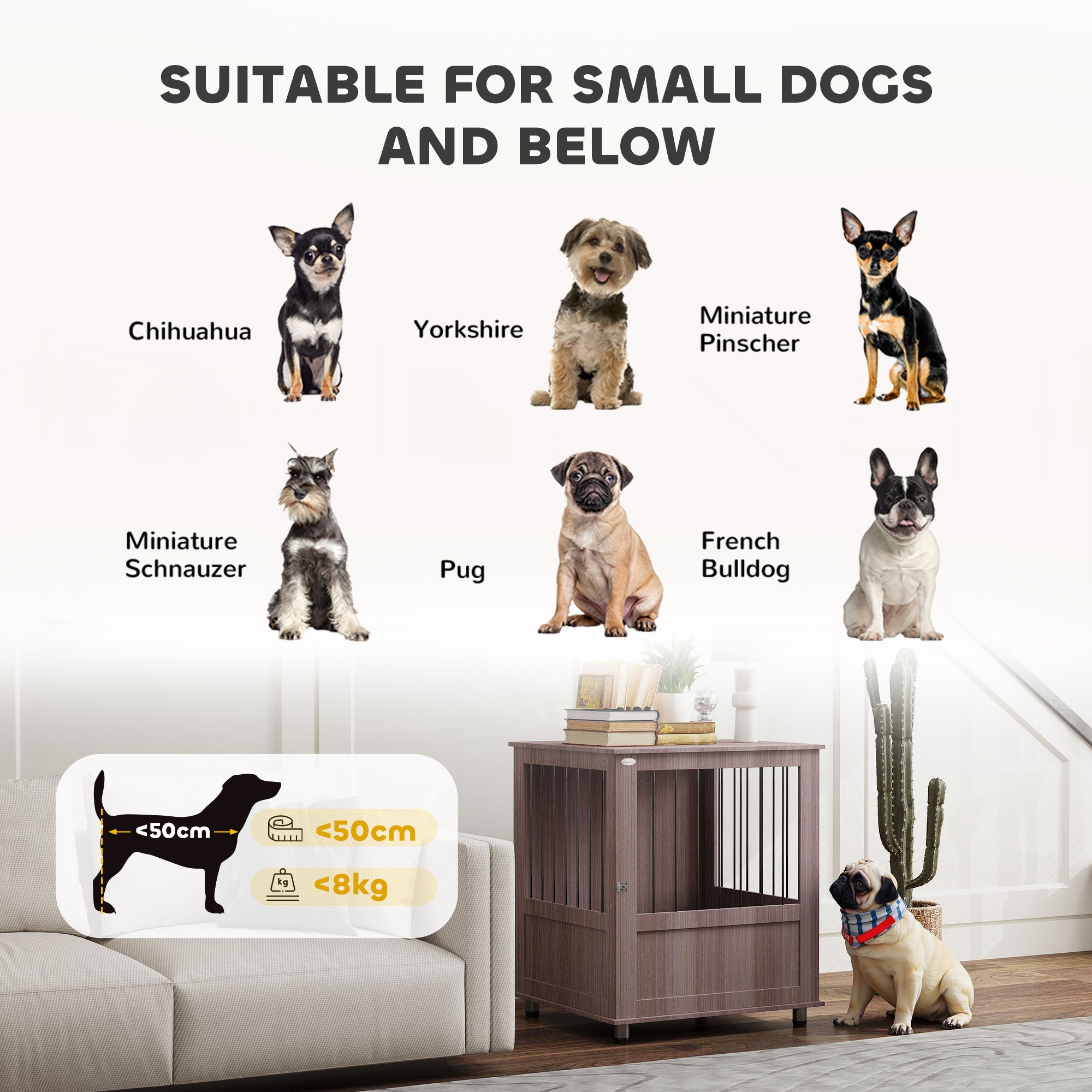 PawHut Dog Crate Furniture End Table, Pet Kennel for Small Dogs with Magnetic Door Indoor Animal Cage, Grey, 60 x 55 x 70 cm, Purple