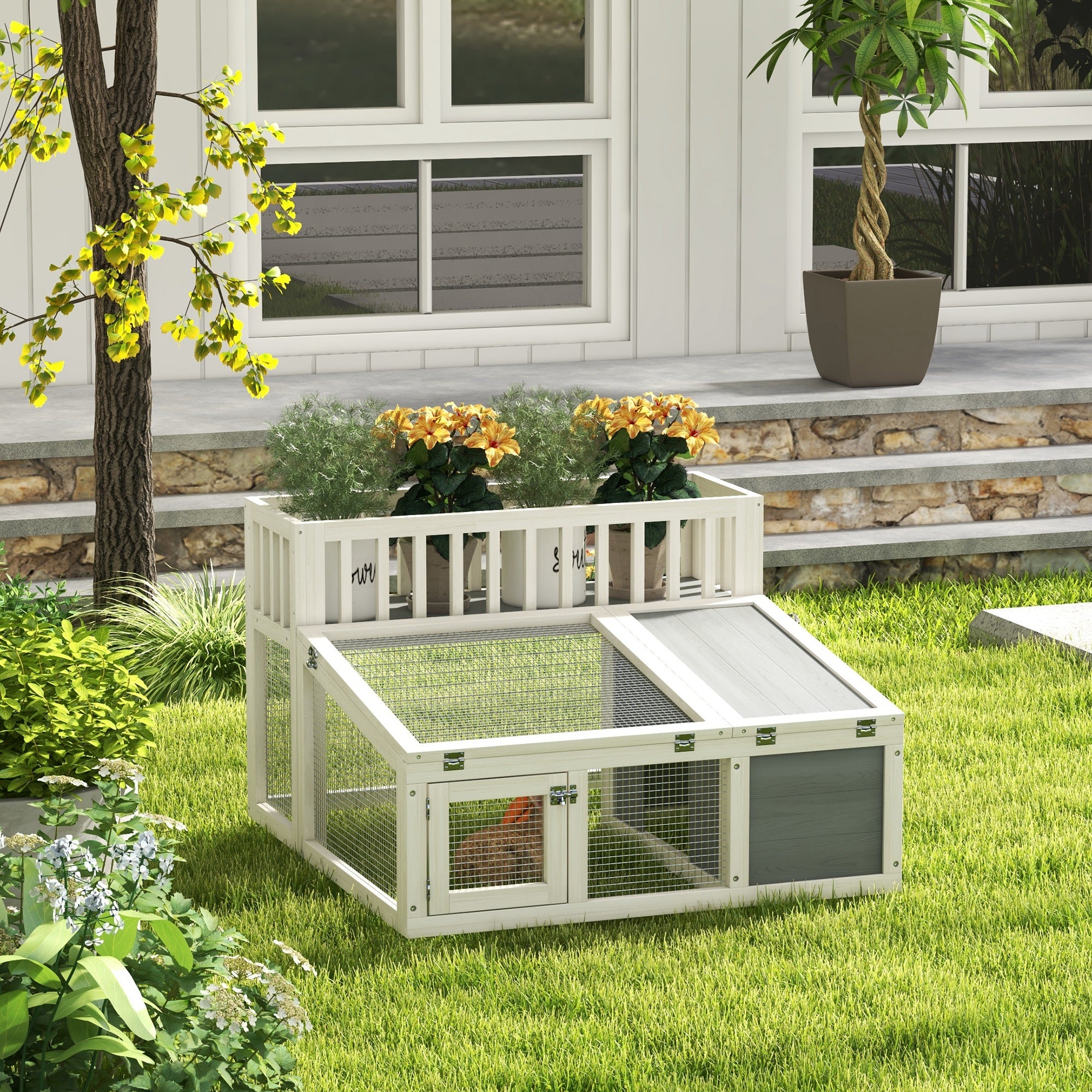PawHut Rabbit Hutch Outdoor Indoor with Storage Shelf, Wooden Bunny Cage Guinea Pig Cage with Run, Openable Tops, for 1-2 Rabbits, 37" x 35" x 24", Grey