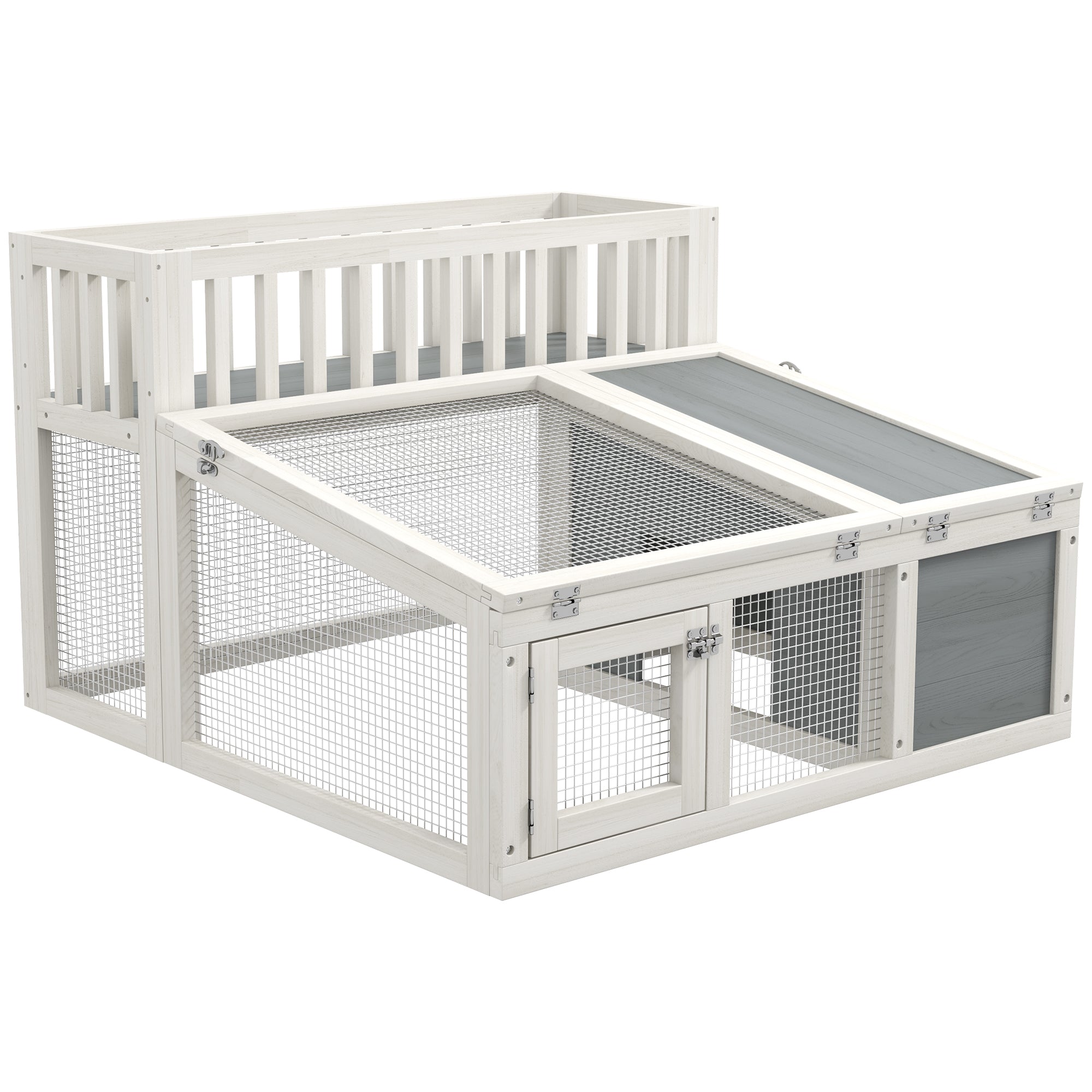 PawHut Rabbit Hutch Outdoor Indoor with Storage Shelf, Wooden Bunny Cage Guinea Pig Cage with Run, Openable Tops, for 1-2 Rabbits, 37" x 35" x 24", Grey