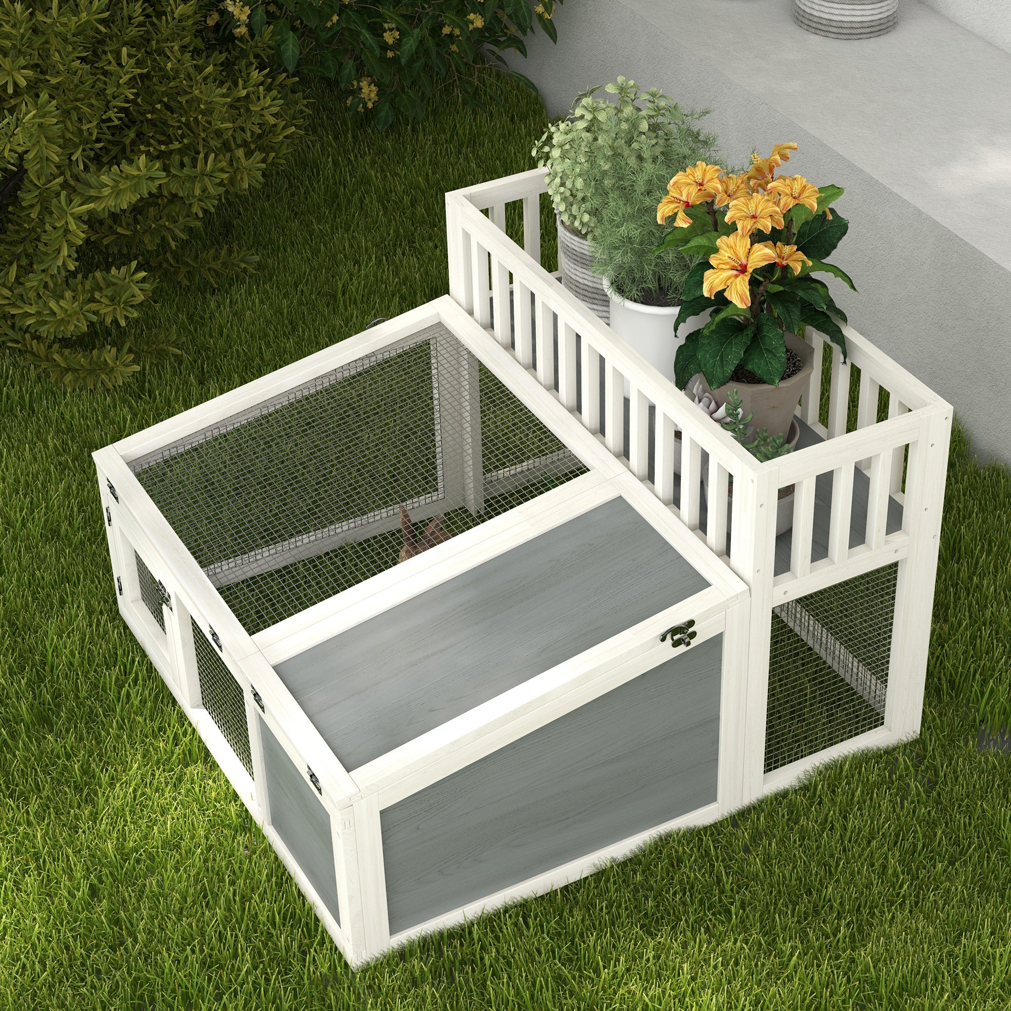 PawHut Rabbit Hutch Outdoor Indoor with Storage Shelf, Wooden Bunny Cage Guinea Pig Cage with Run, Openable Tops, for 1-2 Rabbits, 37" x 35" x 24", Grey