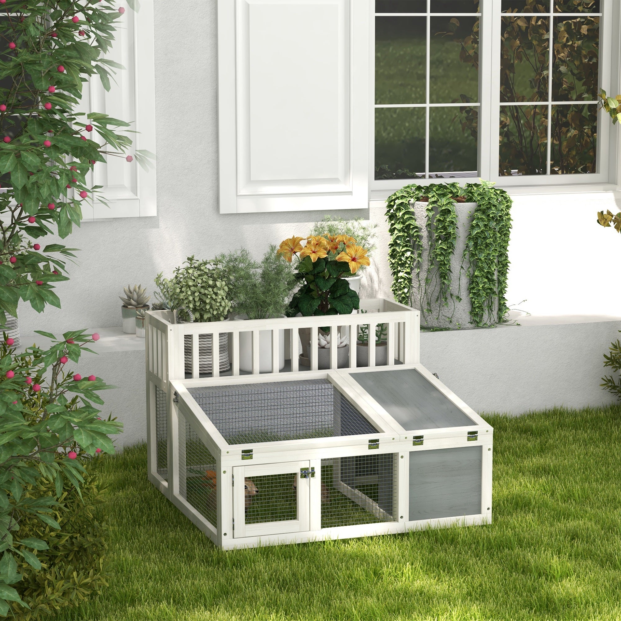 PawHut Rabbit Hutch Outdoor Indoor with Storage Shelf, Wooden Bunny Cage Guinea Pig Cage with Run, Openable Tops, for 1-2 Rabbits, 37" x 35" x 24", Grey