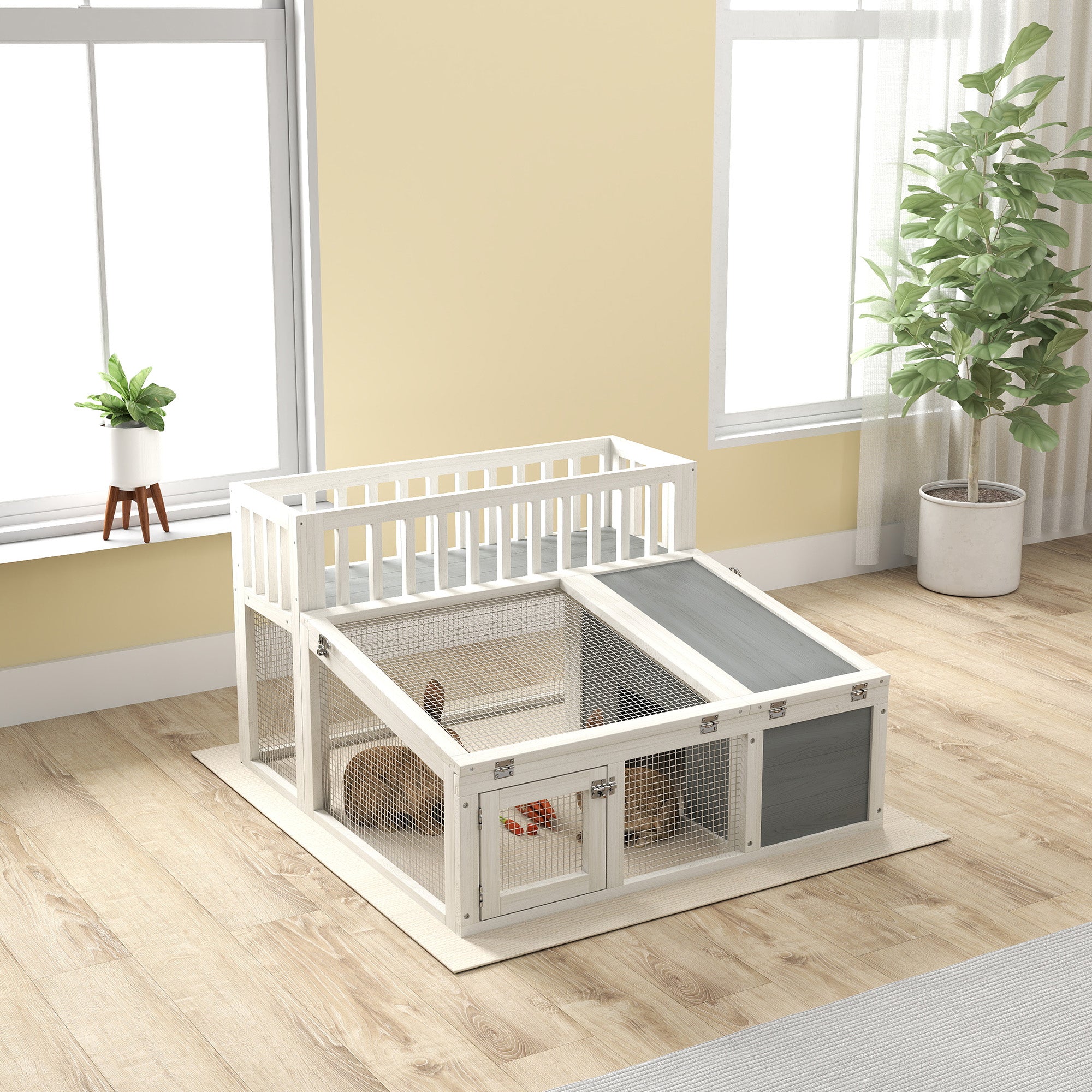 PawHut Rabbit Hutch Outdoor Indoor with Storage Shelf, Wooden Bunny Cage Guinea Pig Cage with Run, Openable Tops, for 1-2 Rabbits, 37" x 35" x 24", Grey