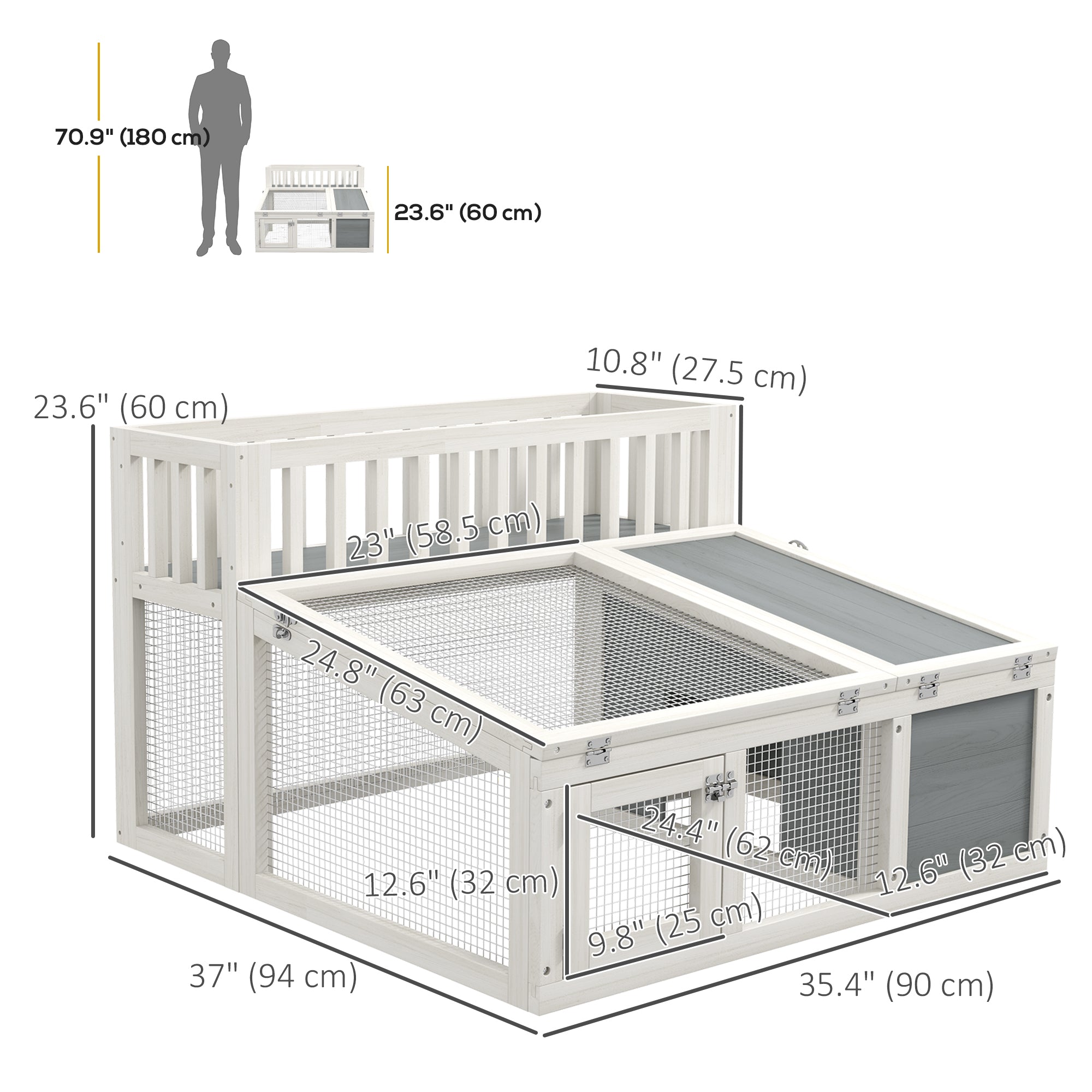 PawHut Rabbit Hutch Outdoor Indoor with Storage Shelf, Wooden Bunny Cage Guinea Pig Cage with Run, Openable Tops, for 1-2 Rabbits, 37" x 35" x 24", Grey