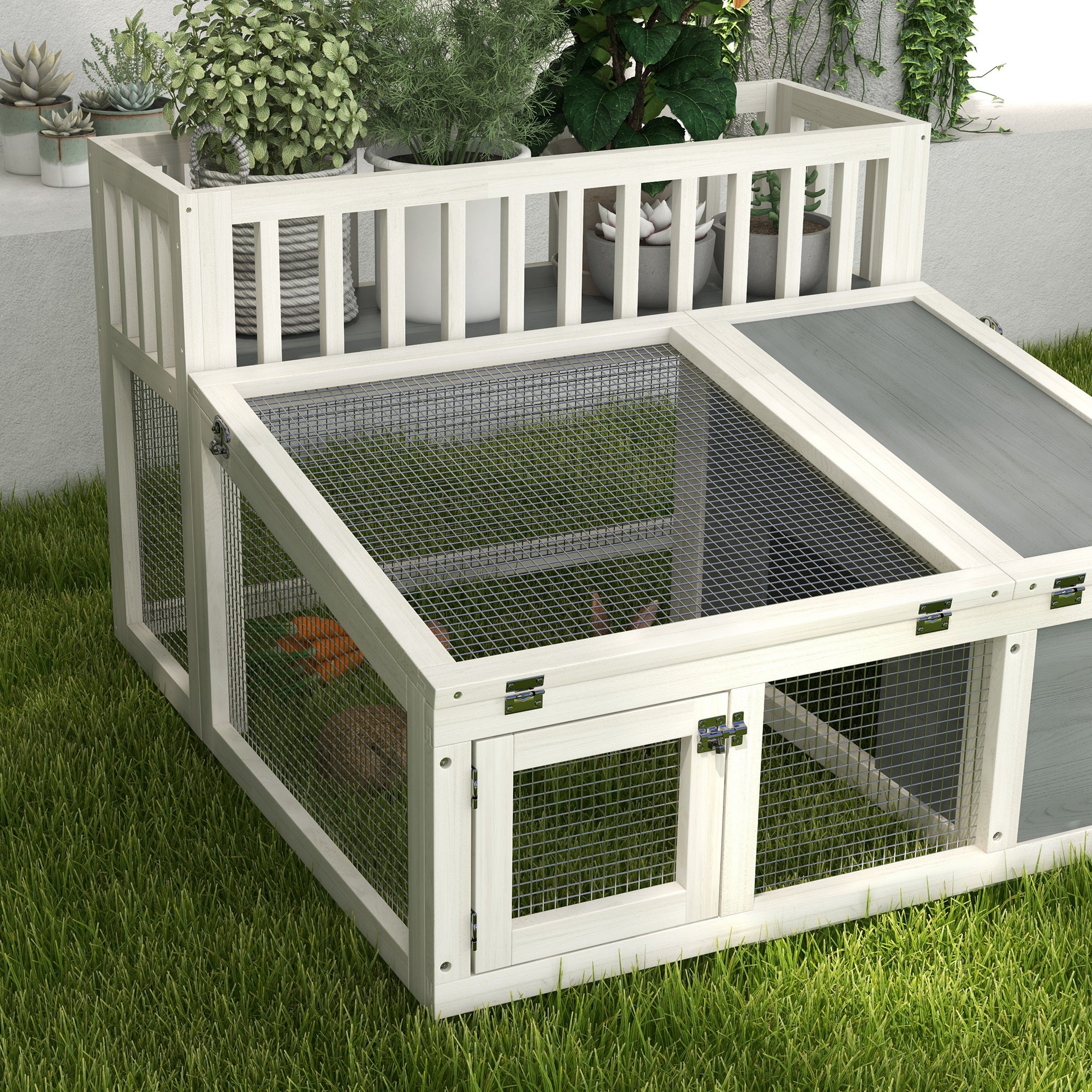 PawHut Rabbit Hutch Outdoor Indoor with Storage Shelf, Wooden Bunny Cage Guinea Pig Cage with Run, Openable Tops, for 1-2 Rabbits, 37" x 35" x 24", Grey