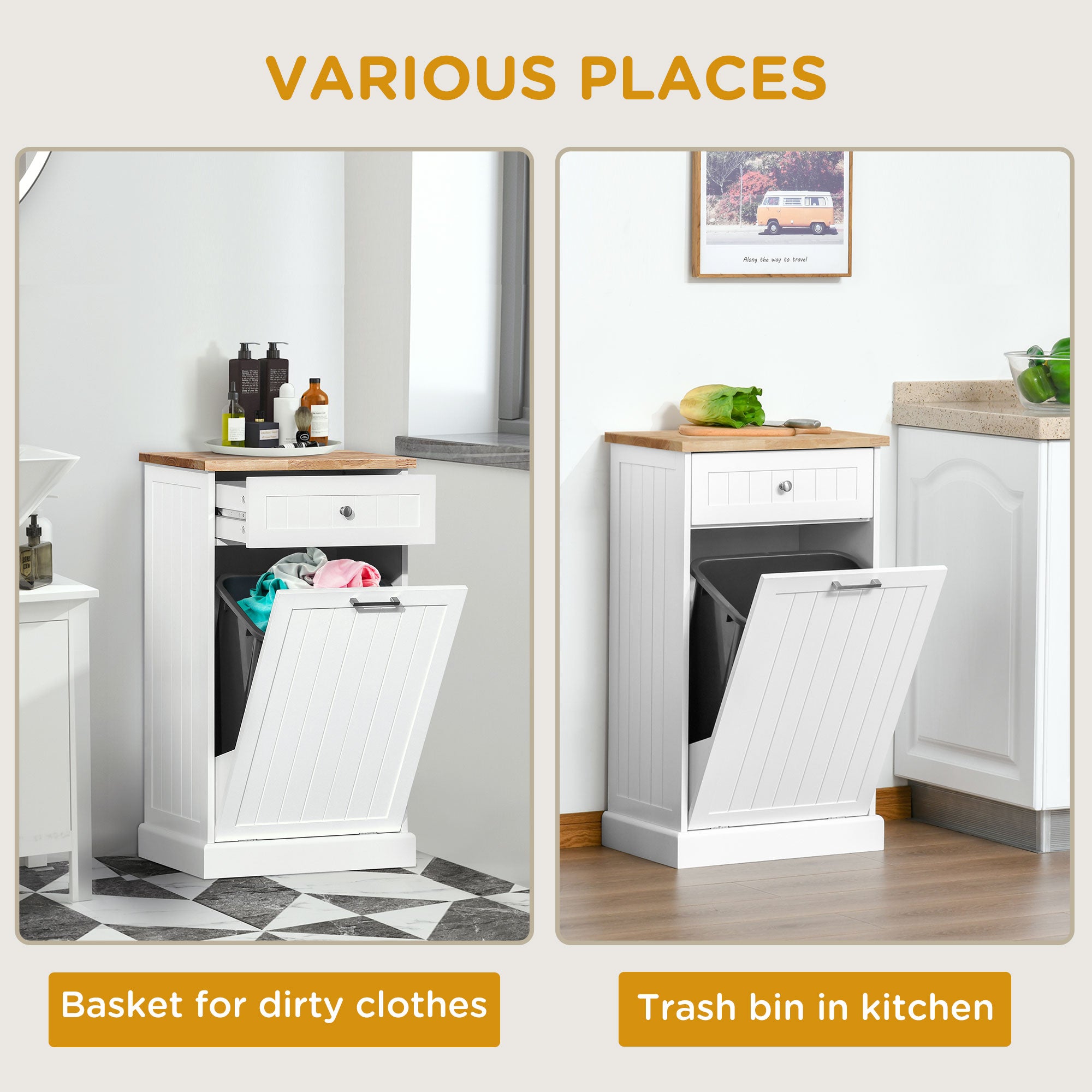 HOMCOM Tilt Out Trash Cabinet, Hidden Garbage Bin Cabinet with Drawer and Solid Wood Countertop, Free Standing Kitchen Trash Can Holder, White