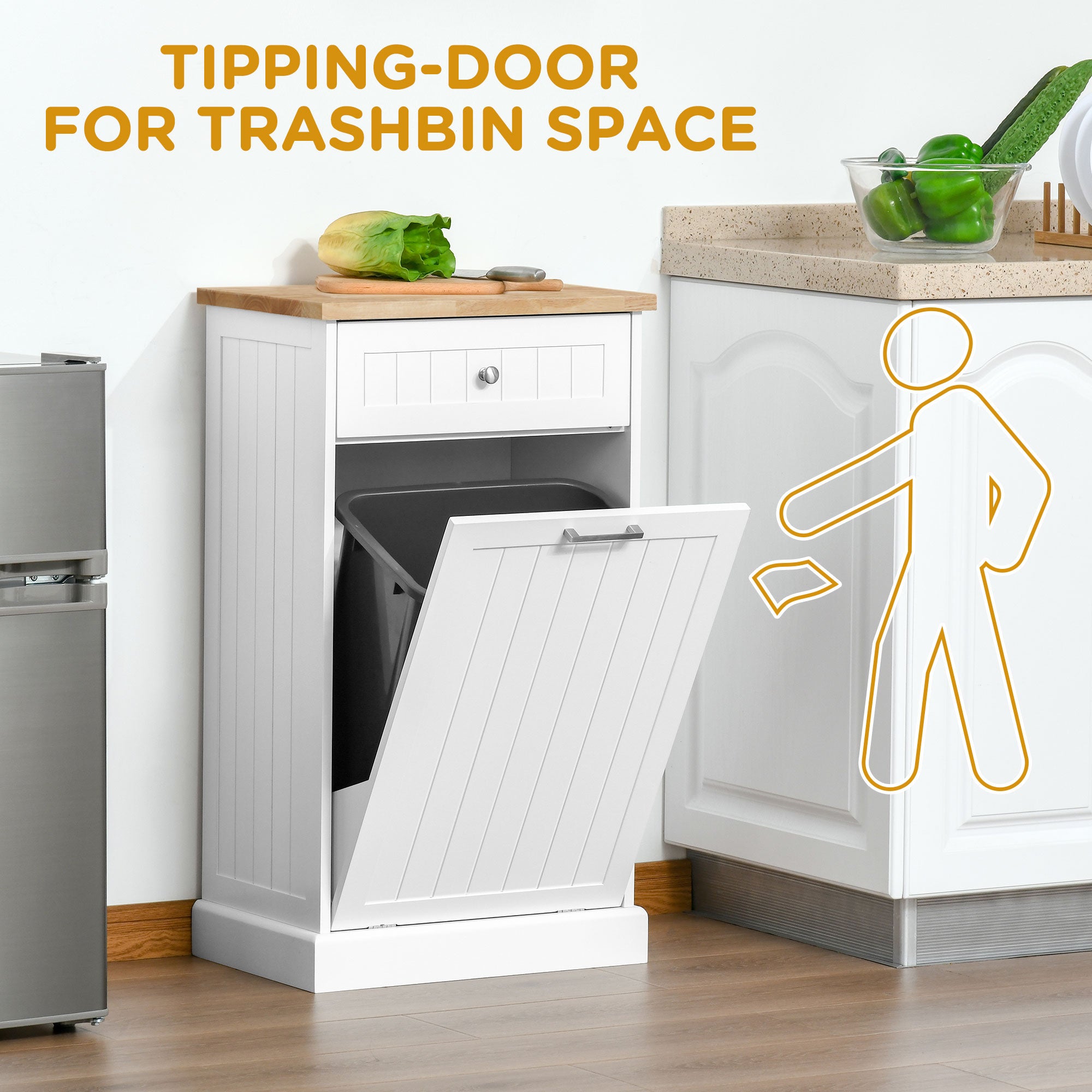HOMCOM Tilt Out Trash Cabinet, Hidden Garbage Bin Cabinet with Drawer and Solid Wood Countertop, Free Standing Kitchen Trash Can Holder, White