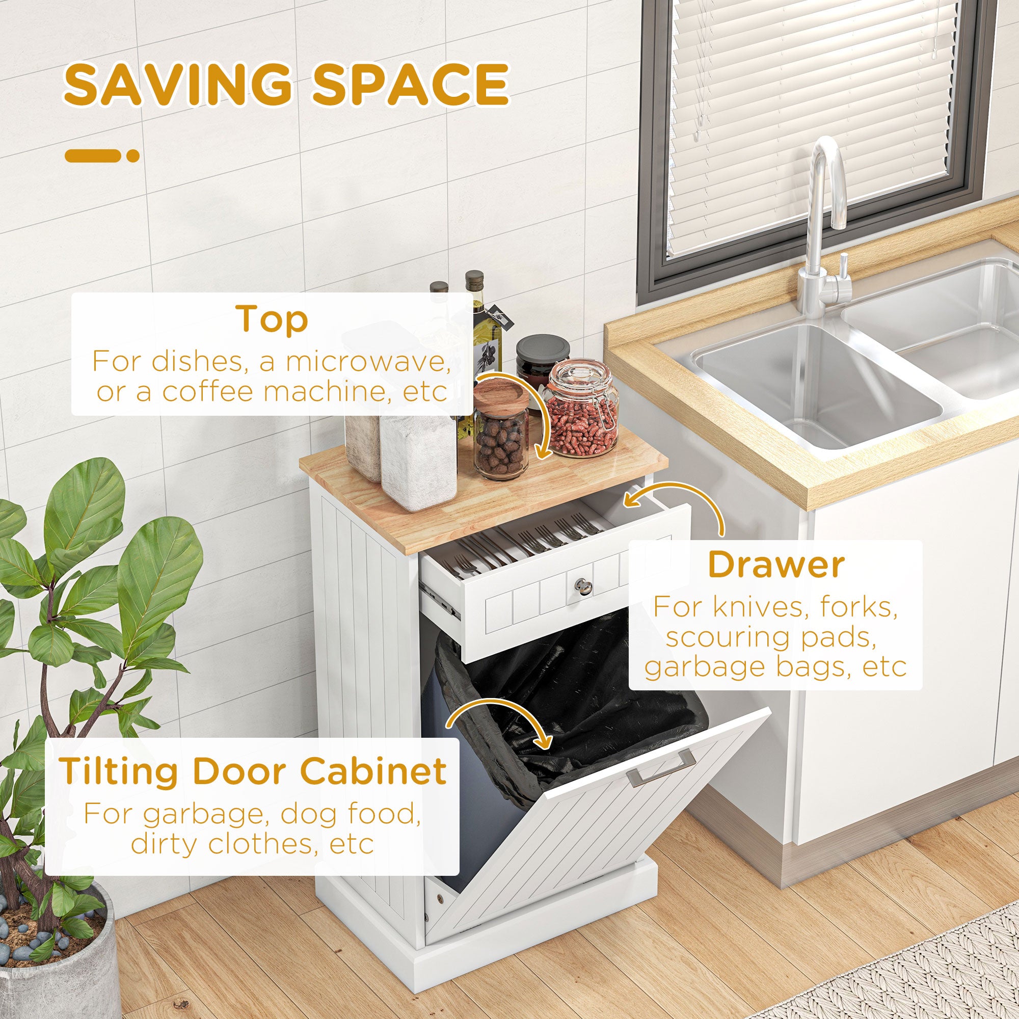 HOMCOM Tilt Out Trash Cabinet, Hidden Garbage Bin Cabinet with Drawer and Solid Wood Countertop, Free Standing Kitchen Trash Can Holder, White