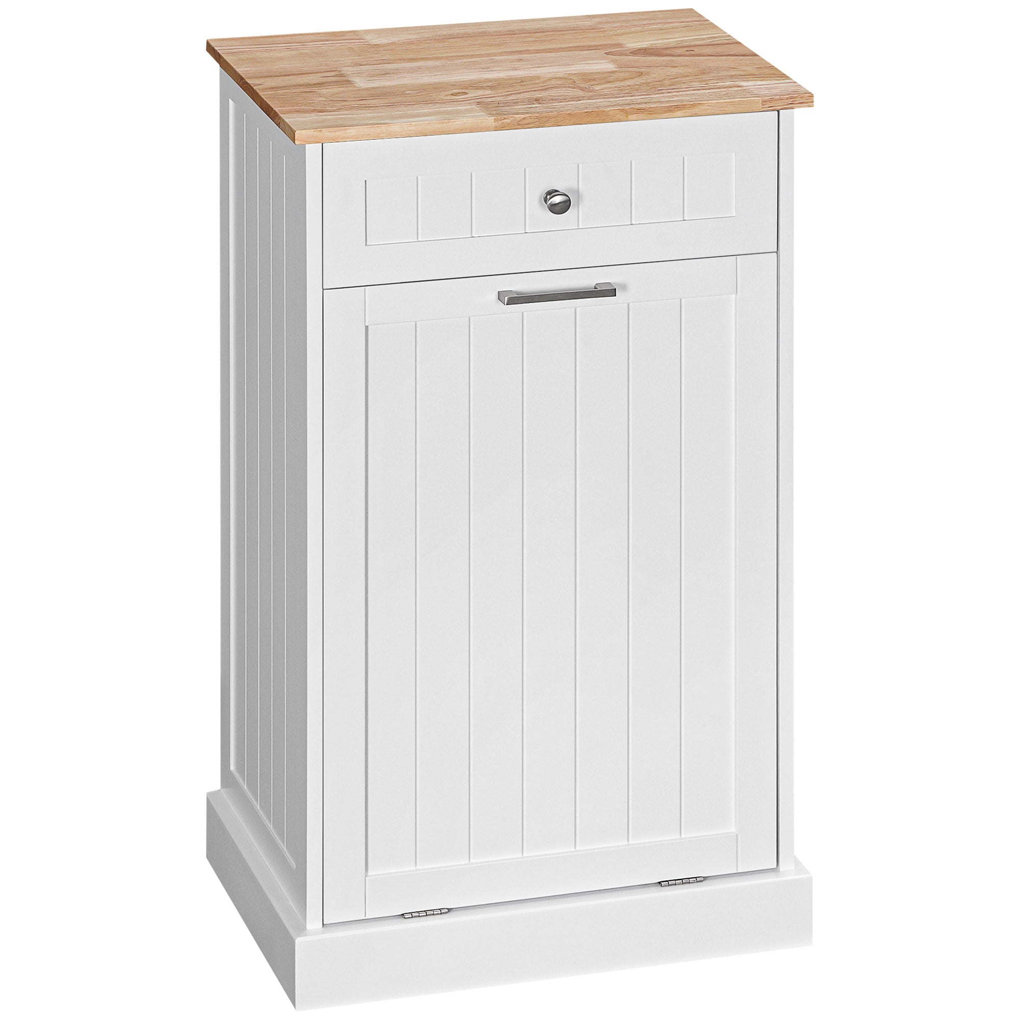 HOMCOM Tilt Out Trash Cabinet, Hidden Garbage Bin Cabinet with Drawer and Solid Wood Countertop, Free Standing Kitchen Trash Can Holder, White