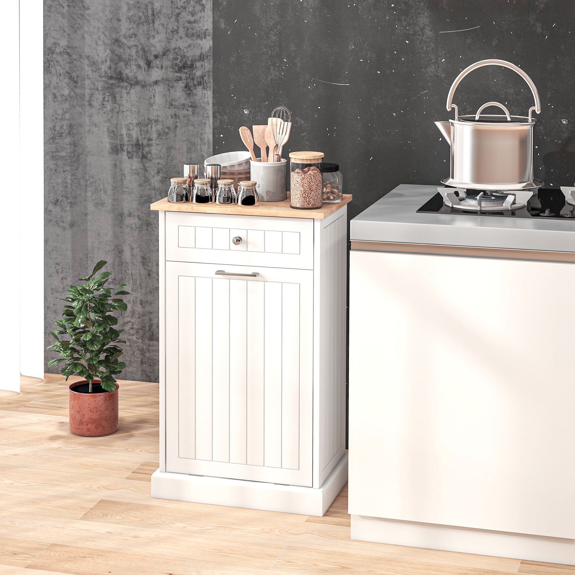 HOMCOM Tilt Out Trash Cabinet, Hidden Garbage Bin Cabinet with Drawer and Solid Wood Countertop, Free Standing Kitchen Trash Can Holder, White