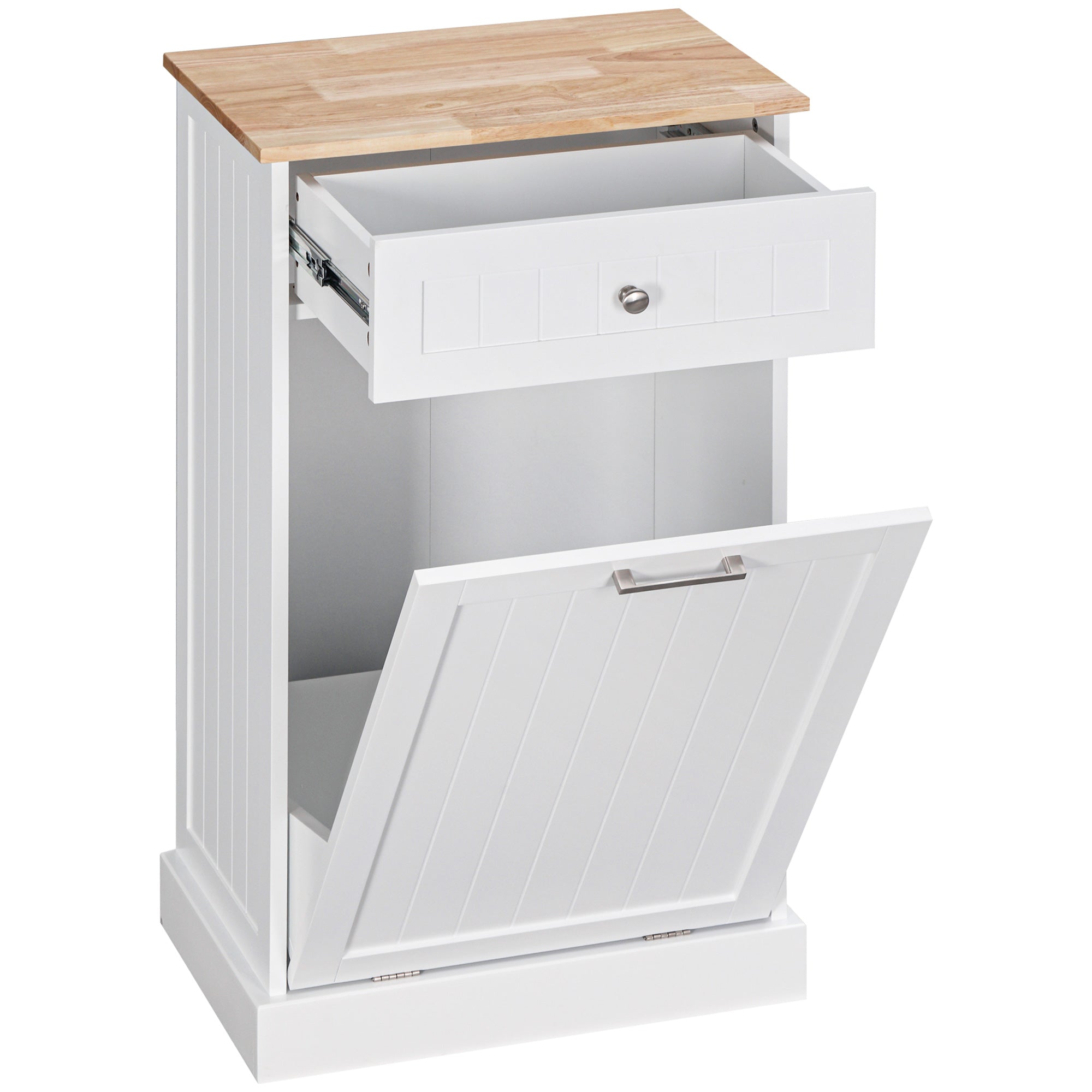 HOMCOM Tilt Out Trash Cabinet, Hidden Garbage Bin Cabinet with Drawer and Solid Wood Countertop, Free Standing Kitchen Trash Can Holder, White