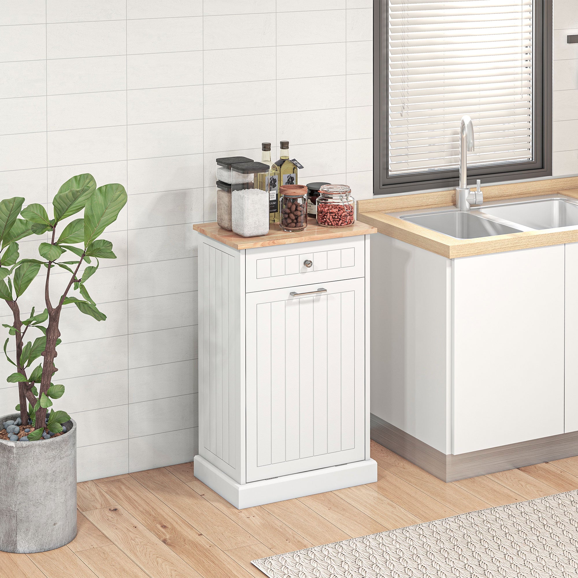 HOMCOM Tilt Out Trash Cabinet, Hidden Garbage Bin Cabinet with Drawer and Solid Wood Countertop, Free Standing Kitchen Trash Can Holder, White