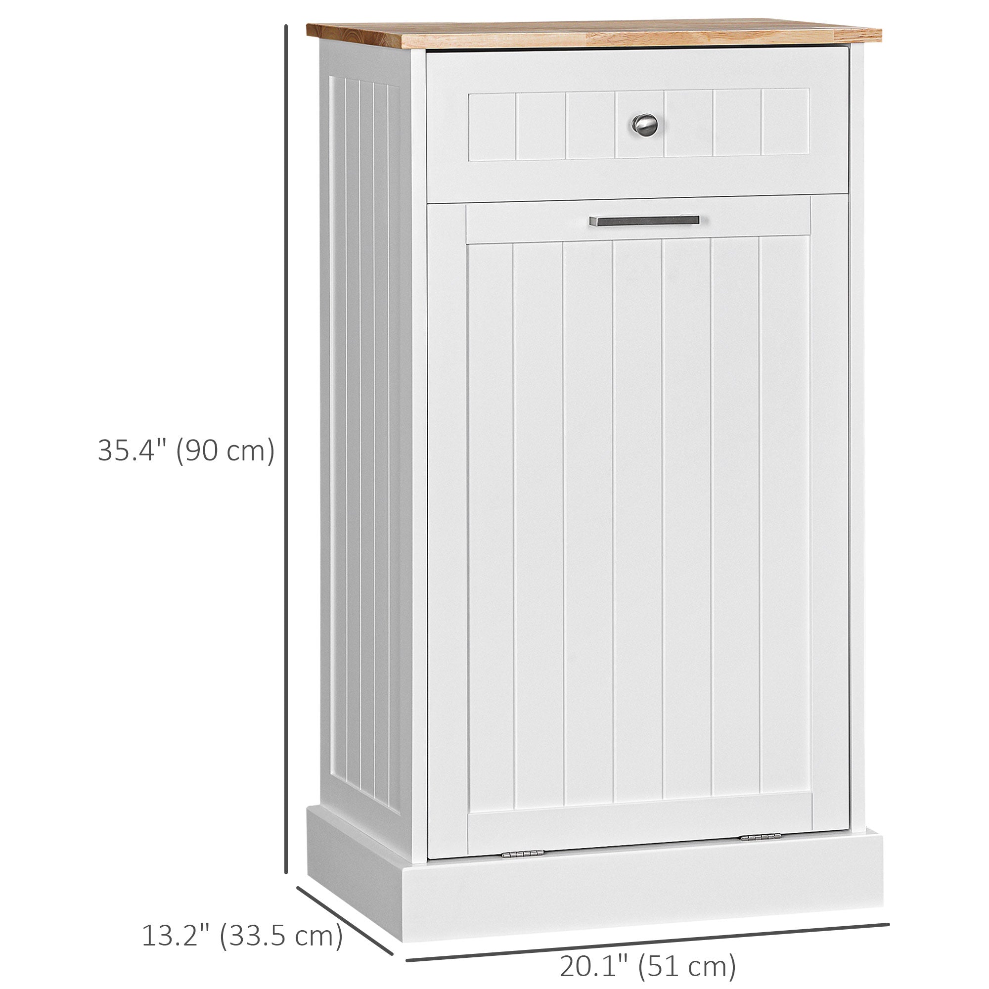 HOMCOM Tilt Out Trash Cabinet, Hidden Garbage Bin Cabinet with Drawer and Solid Wood Countertop, Free Standing Kitchen Trash Can Holder, White