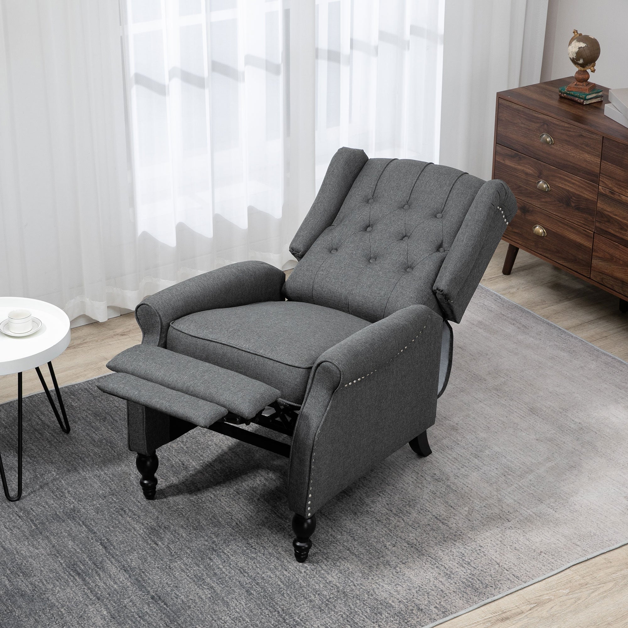 HOMCOM Push Back Recliner Chair, Fabric Reclining Chair, Tufted Wingback Chair with Nail Head Trim, Footrest, Solid Wood Legs for Living Room, Dark Grey