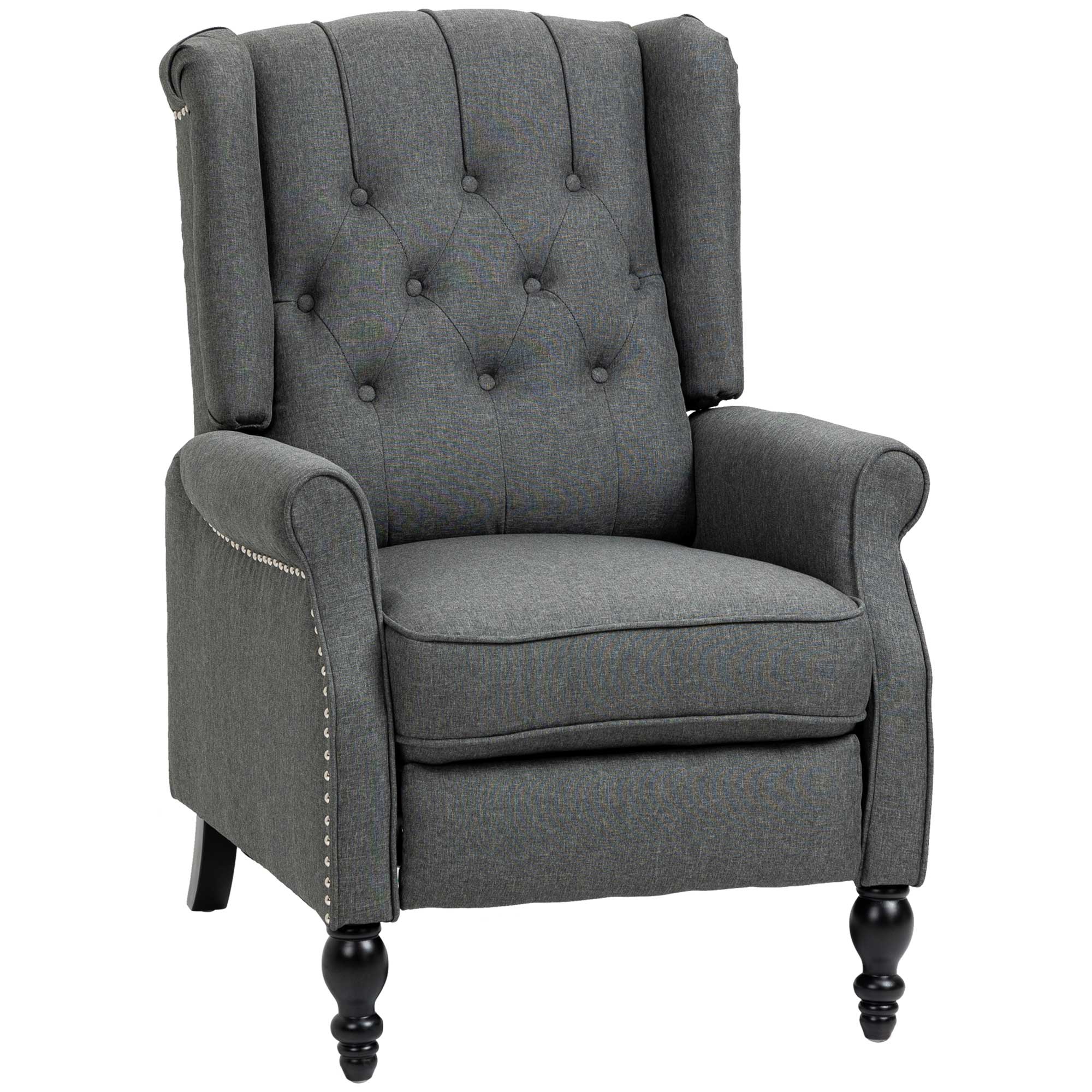 HOMCOM Push Back Recliner Chair, Fabric Reclining Chair, Tufted Wingback Chair with Nail Head Trim, Footrest, Solid Wood Legs for Living Room, Dark Grey