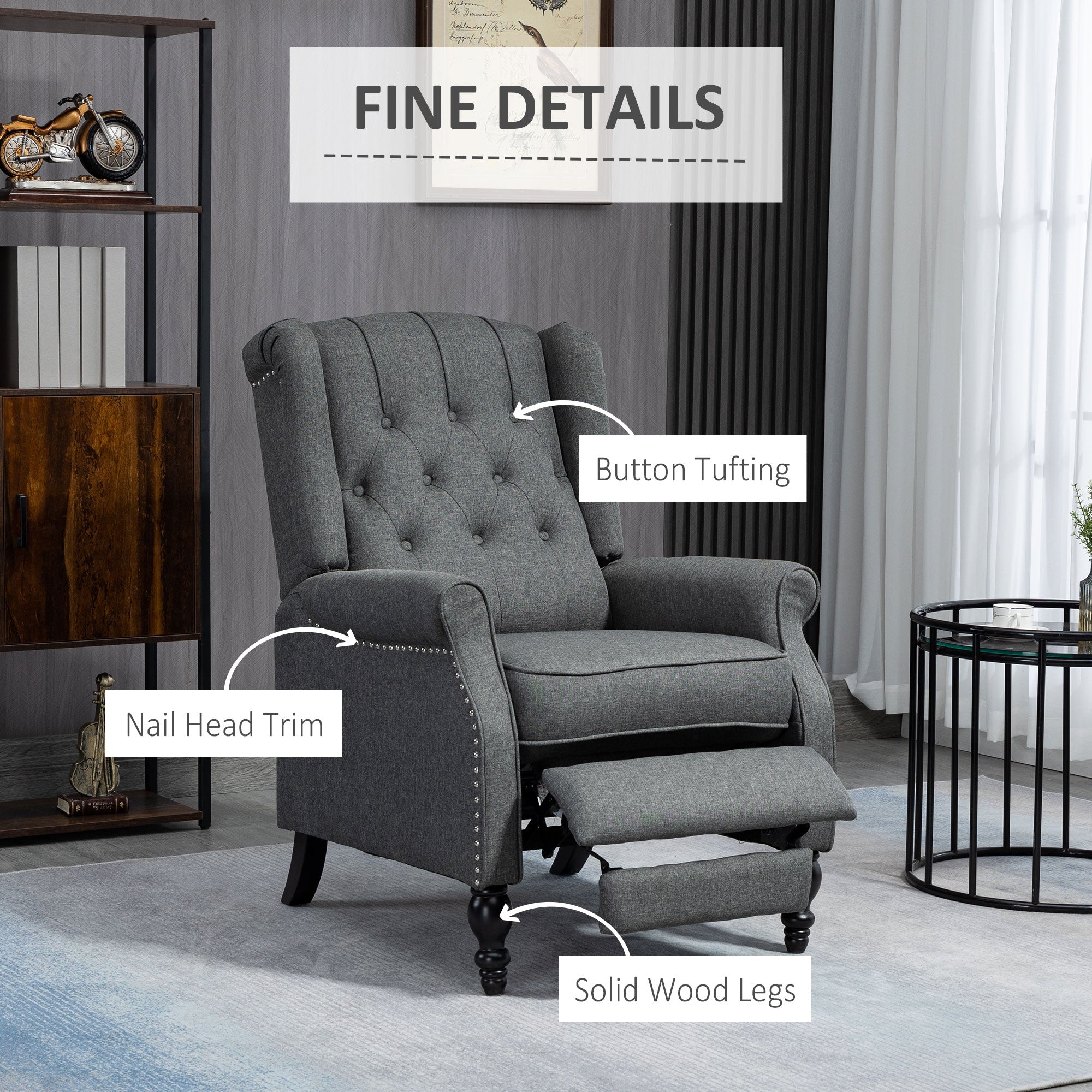 HOMCOM Push Back Recliner Chair, Fabric Reclining Chair, Tufted Wingback Chair with Nail Head Trim, Footrest, Solid Wood Legs for Living Room, Dark Grey
