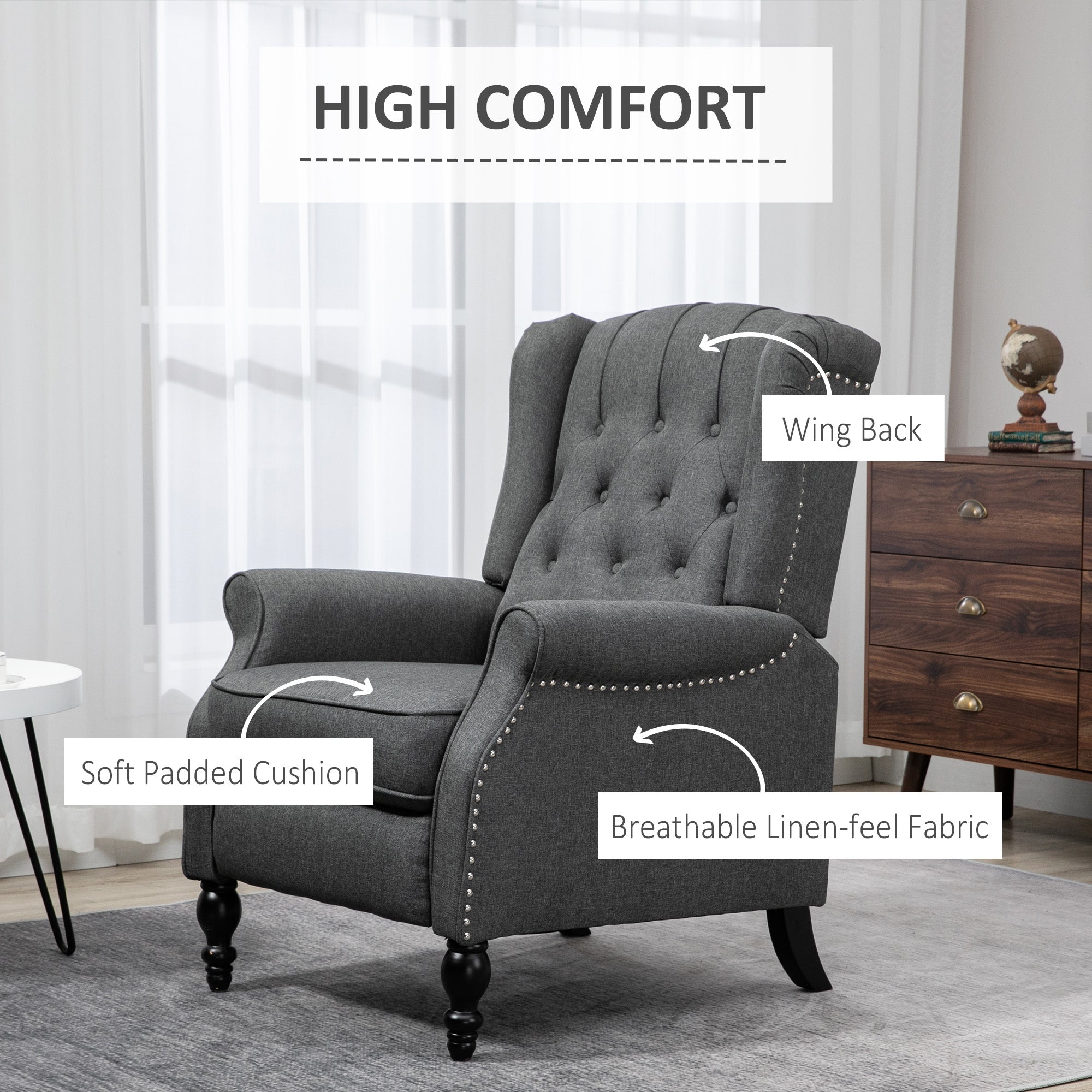 HOMCOM Push Back Recliner Chair, Fabric Reclining Chair, Tufted Wingback Chair with Nail Head Trim, Footrest, Solid Wood Legs for Living Room, Dark Grey