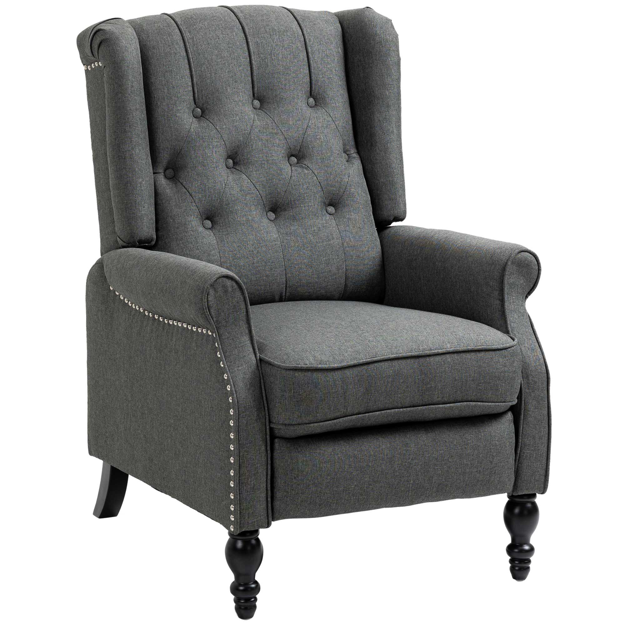 HOMCOM Push Back Recliner Chair, Fabric Reclining Chair, Tufted Wingback Chair with Nail Head Trim, Footrest, Solid Wood Legs for Living Room, Dark Grey