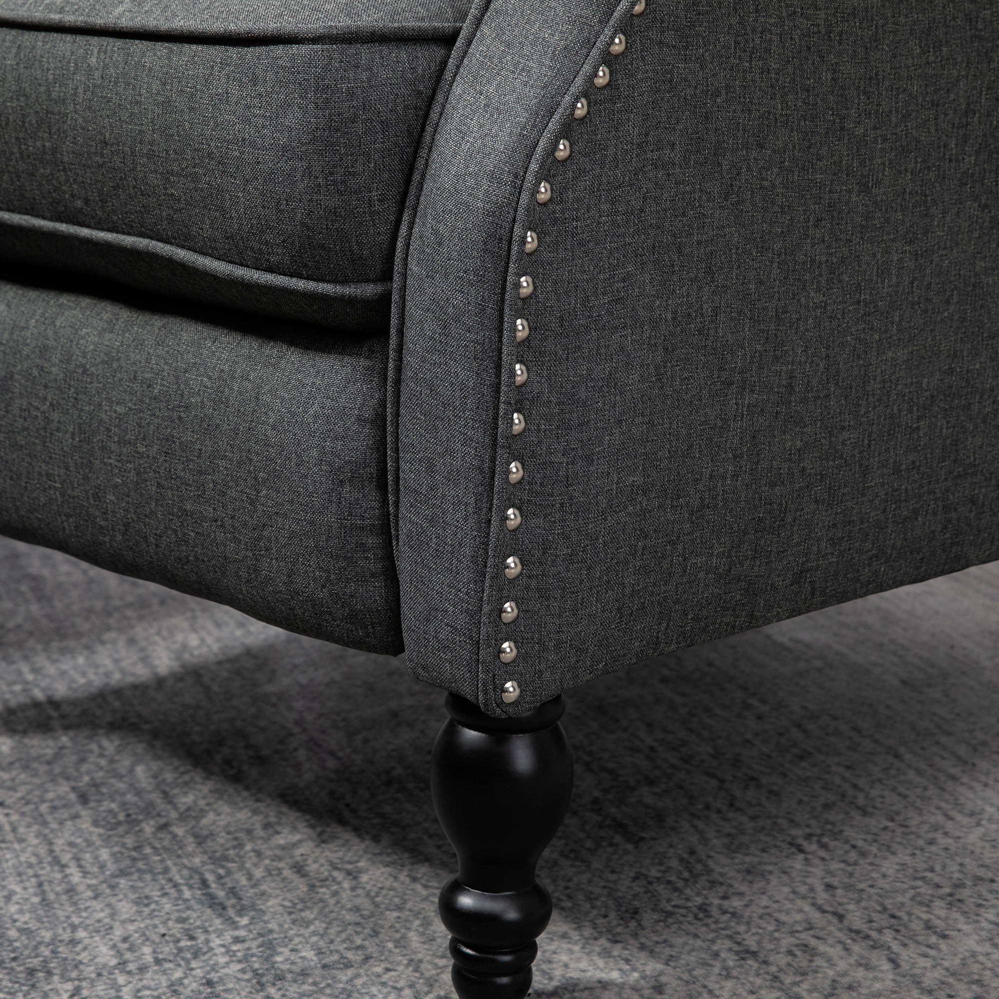 HOMCOM Push Back Recliner Chair, Fabric Reclining Chair, Tufted Wingback Chair with Nail Head Trim, Footrest, Solid Wood Legs for Living Room, Dark Grey