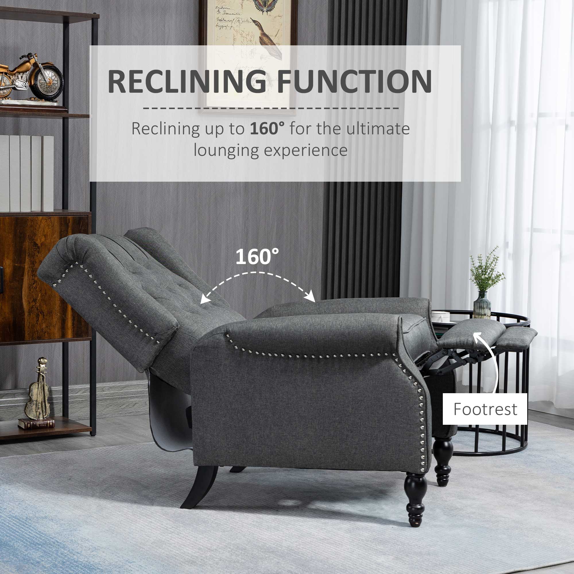 HOMCOM Push Back Recliner Chair, Fabric Reclining Chair, Tufted Wingback Chair with Nail Head Trim, Footrest, Solid Wood Legs for Living Room, Dark Grey
