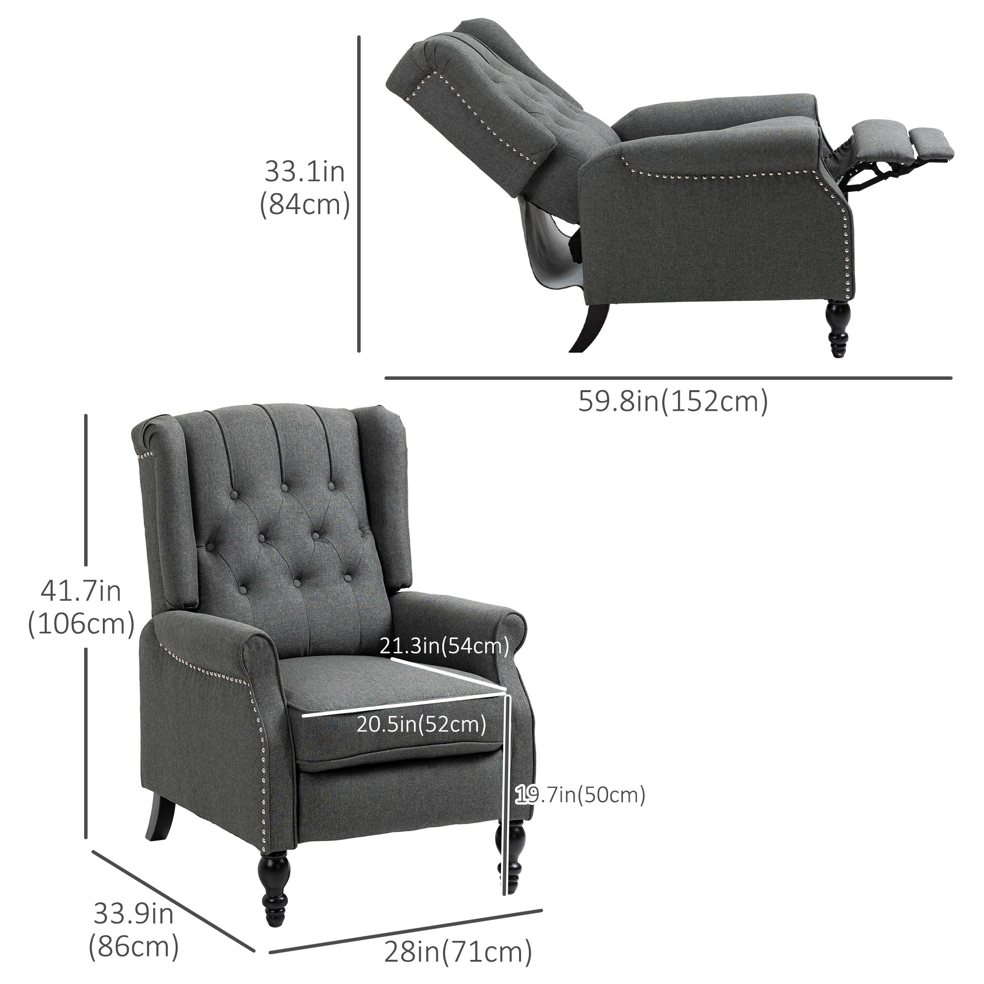 HOMCOM Push Back Recliner Chair, Fabric Reclining Chair, Tufted Wingback Chair with Nail Head Trim, Footrest, Solid Wood Legs for Living Room, Dark Grey