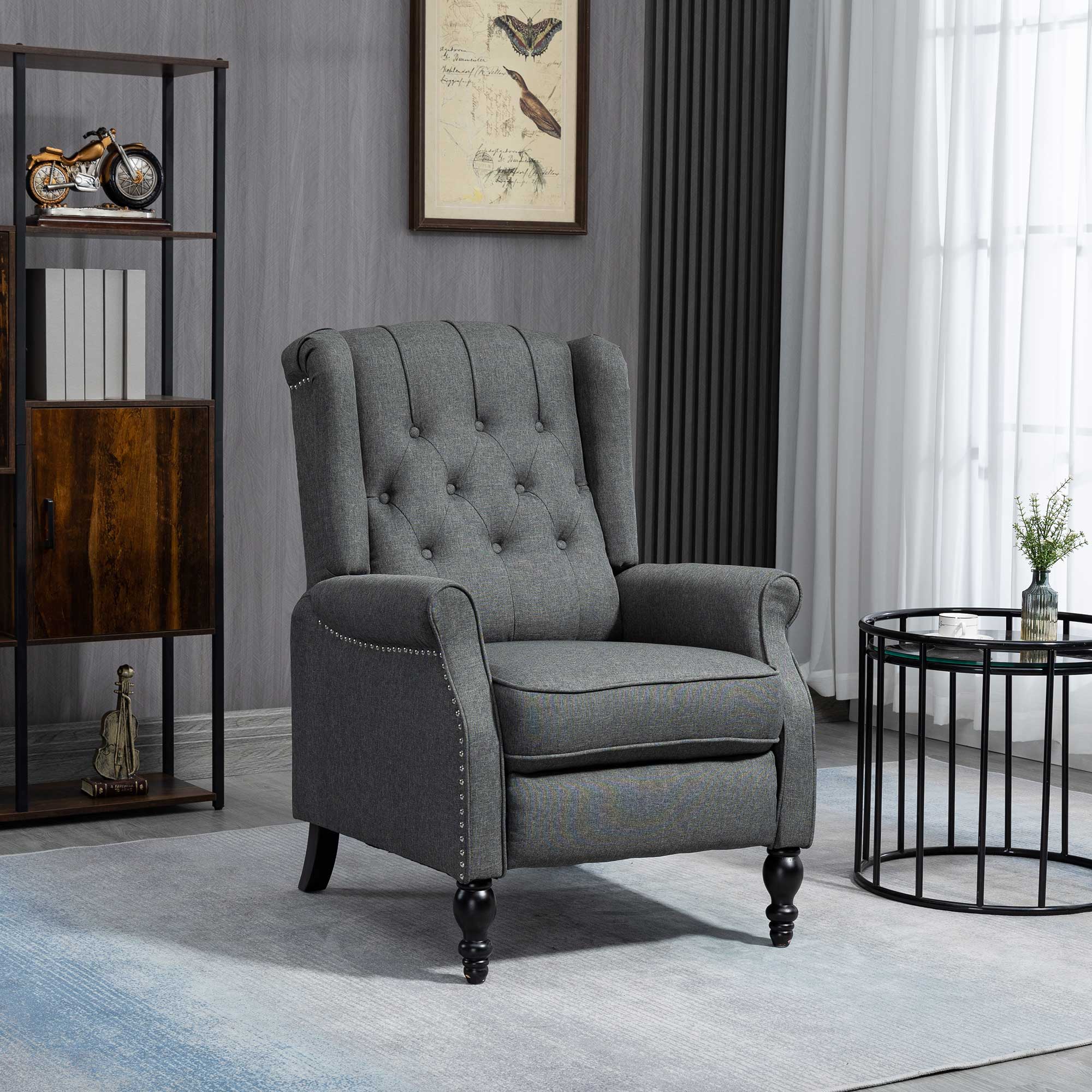 HOMCOM Push Back Recliner Chair, Fabric Reclining Chair, Tufted Wingback Chair with Nail Head Trim, Footrest, Solid Wood Legs for Living Room, Dark Grey