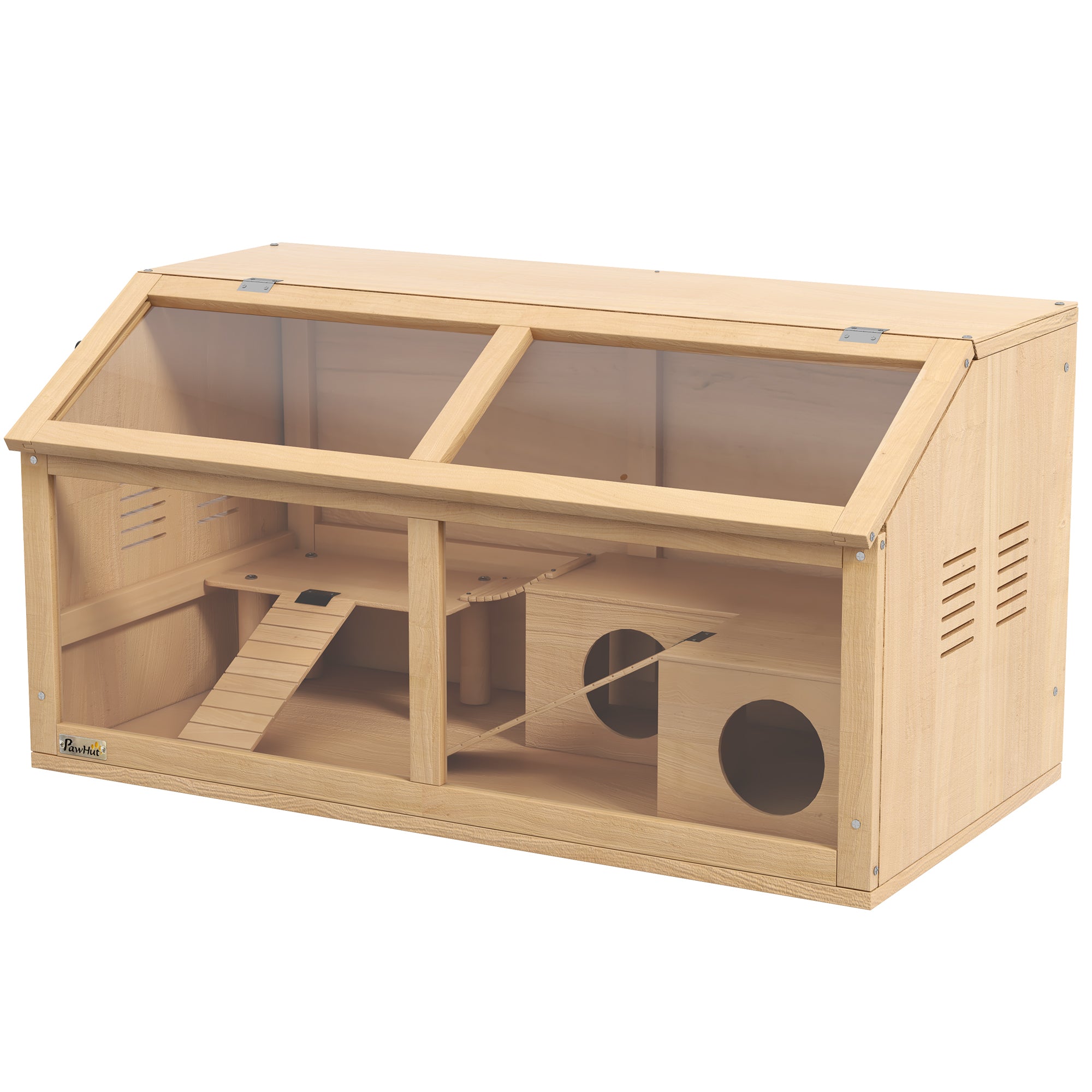 PawHut Wooden Hamster Cage, Gerbil Cage for Syrian Hamster with Exercise Play House, Openable Top 85 x 45 x 44cm - Nature