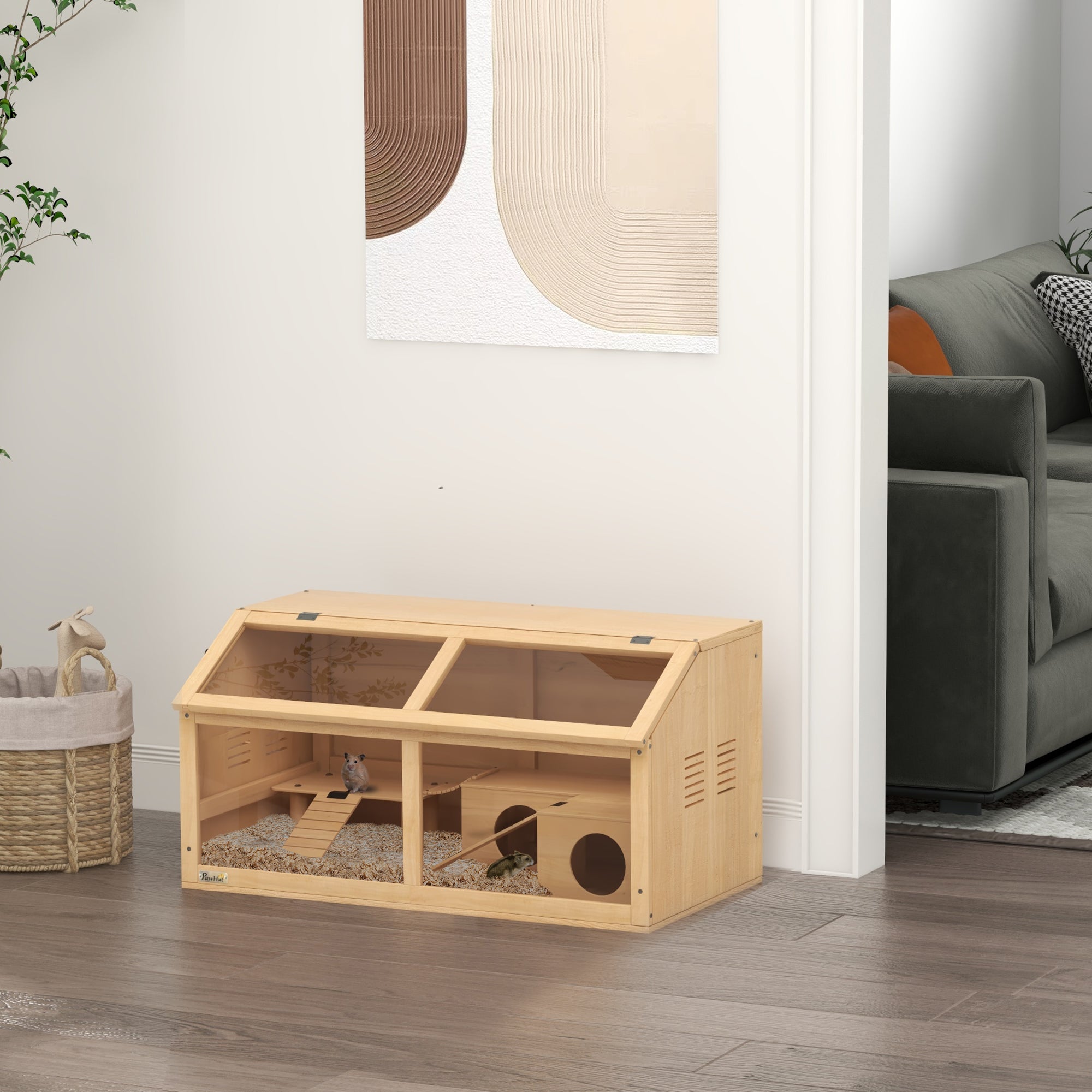 PawHut Wooden Hamster Cage, Gerbil Cage for Syrian Hamster with Exercise Play House, Openable Top 85 x 45 x 44cm - Nature