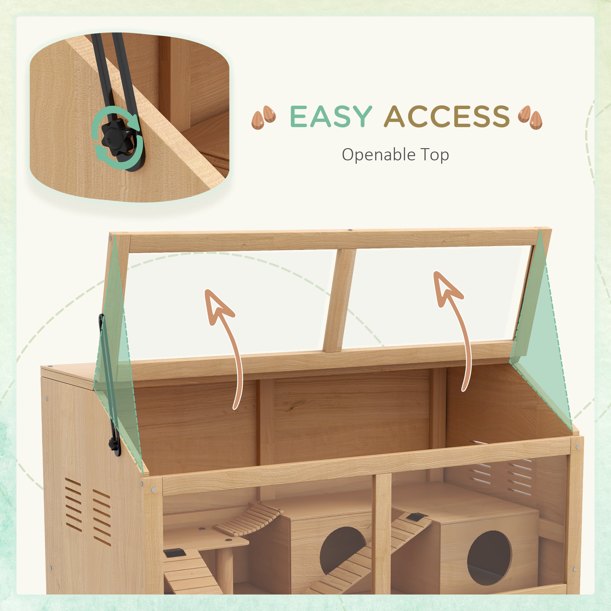 PawHut Wooden Hamster Cage, 33.5"L Hamster Habitat, Small Animal Cage for Syrian Drawf Hamster Gerbils Mice with Suspension Bridge, Ladders, Openable Top, Platform, Natural Wood