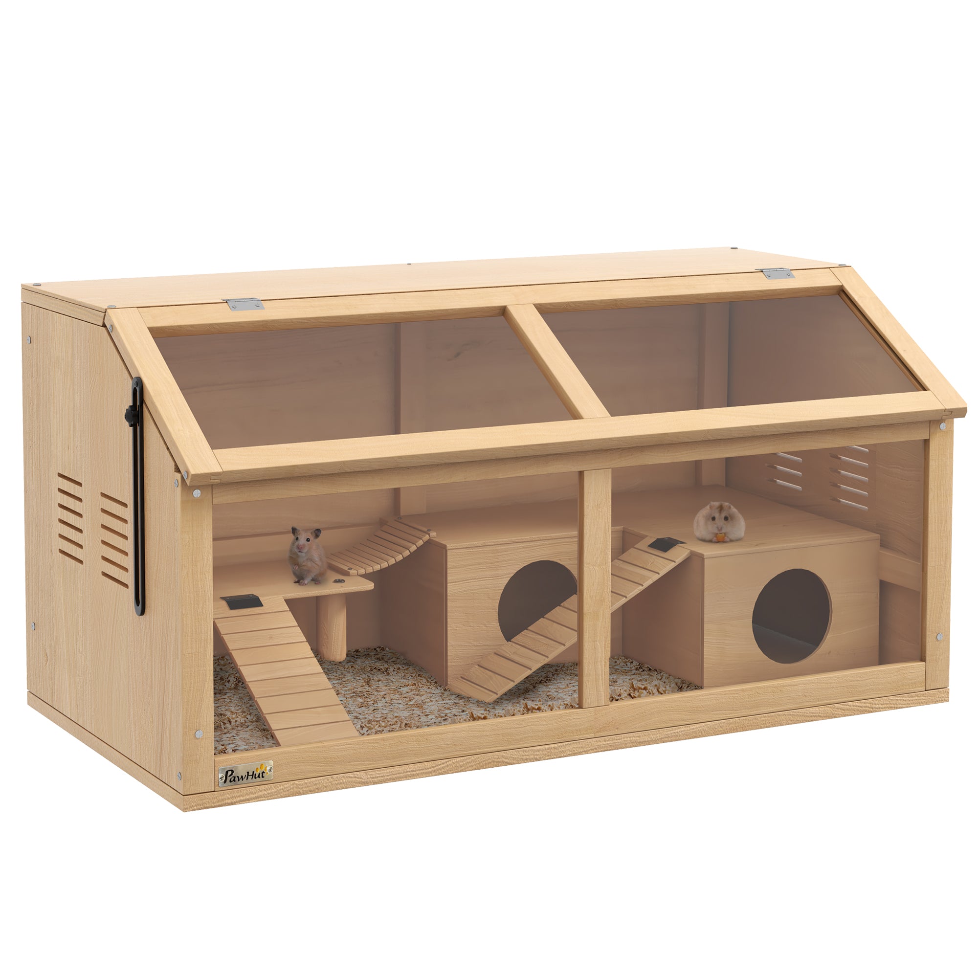 PawHut Wooden Hamster Cage, Gerbil Cage for Syrian Hamster with Exercise Play House, Openable Top 85 x 45 x 44cm - Nature