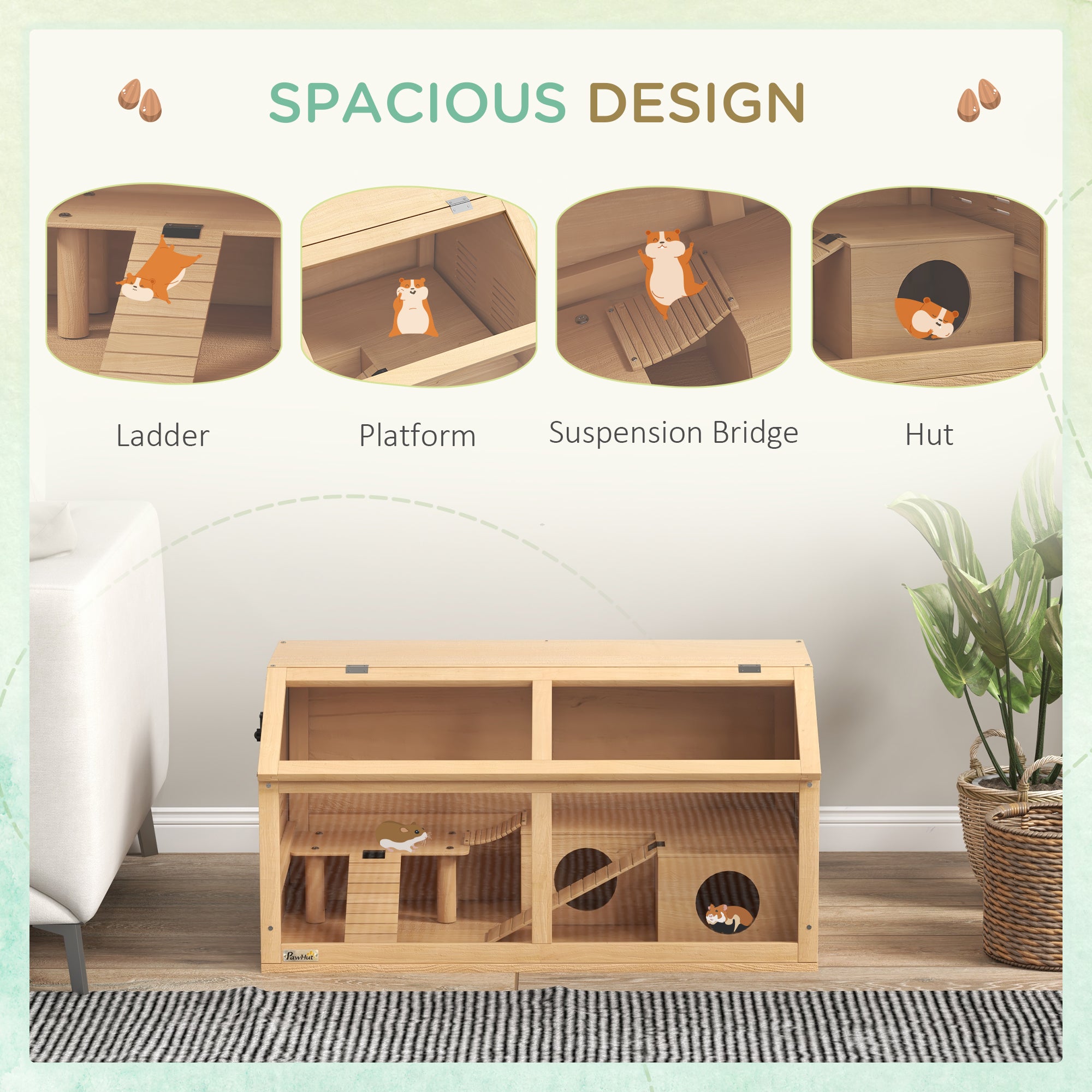 PawHut Wooden Hamster Cage, 33.5"L Hamster Habitat, Small Animal Cage for Syrian Drawf Hamster Gerbils Mice with Suspension Bridge, Ladders, Openable Top, Platform, Natural Wood