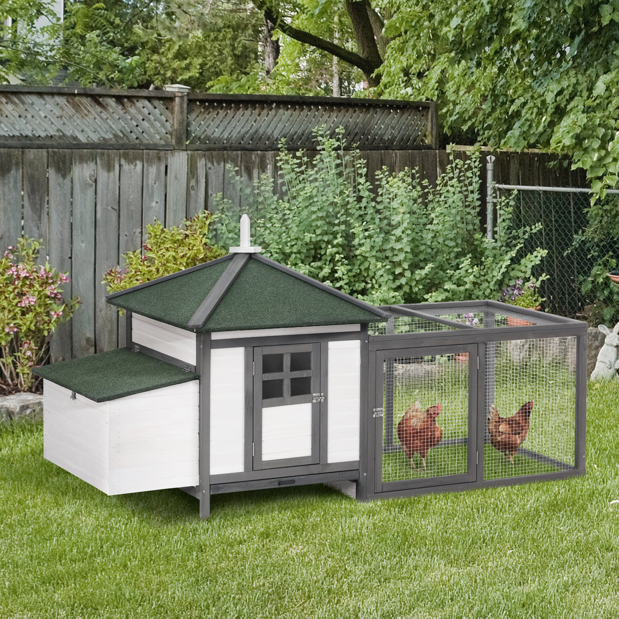 PawHut Chicken Coop with Chicken Run, Outdoor Hen House Poultry Cage with Nesting Box, Openable Top, 196 x 76 x 97cm, Grey