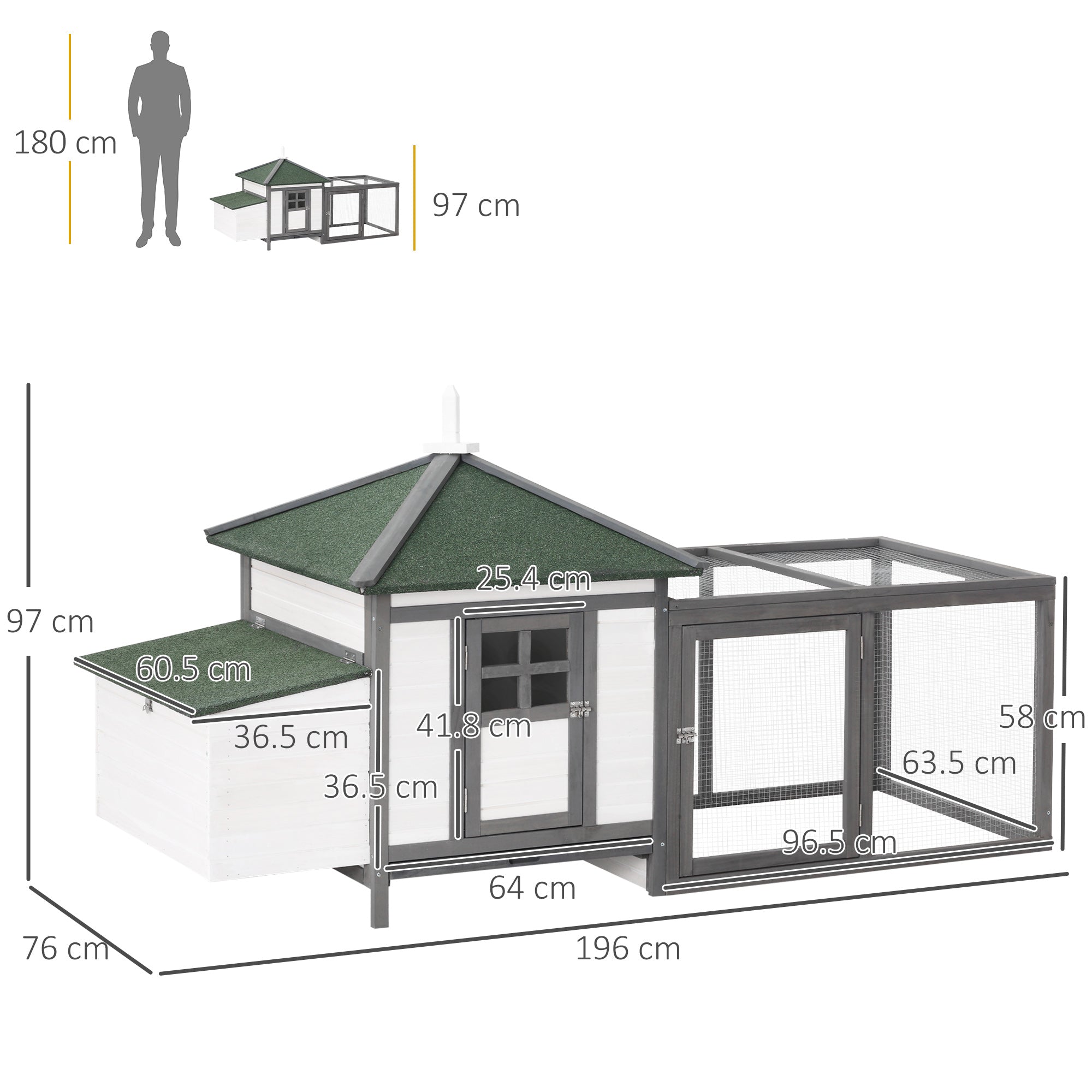 PawHut Chicken Coop with Chicken Run, Outdoor Hen House Poultry Cage with Nesting Box, Openable Top, 196 x 76 x 97cm, Grey