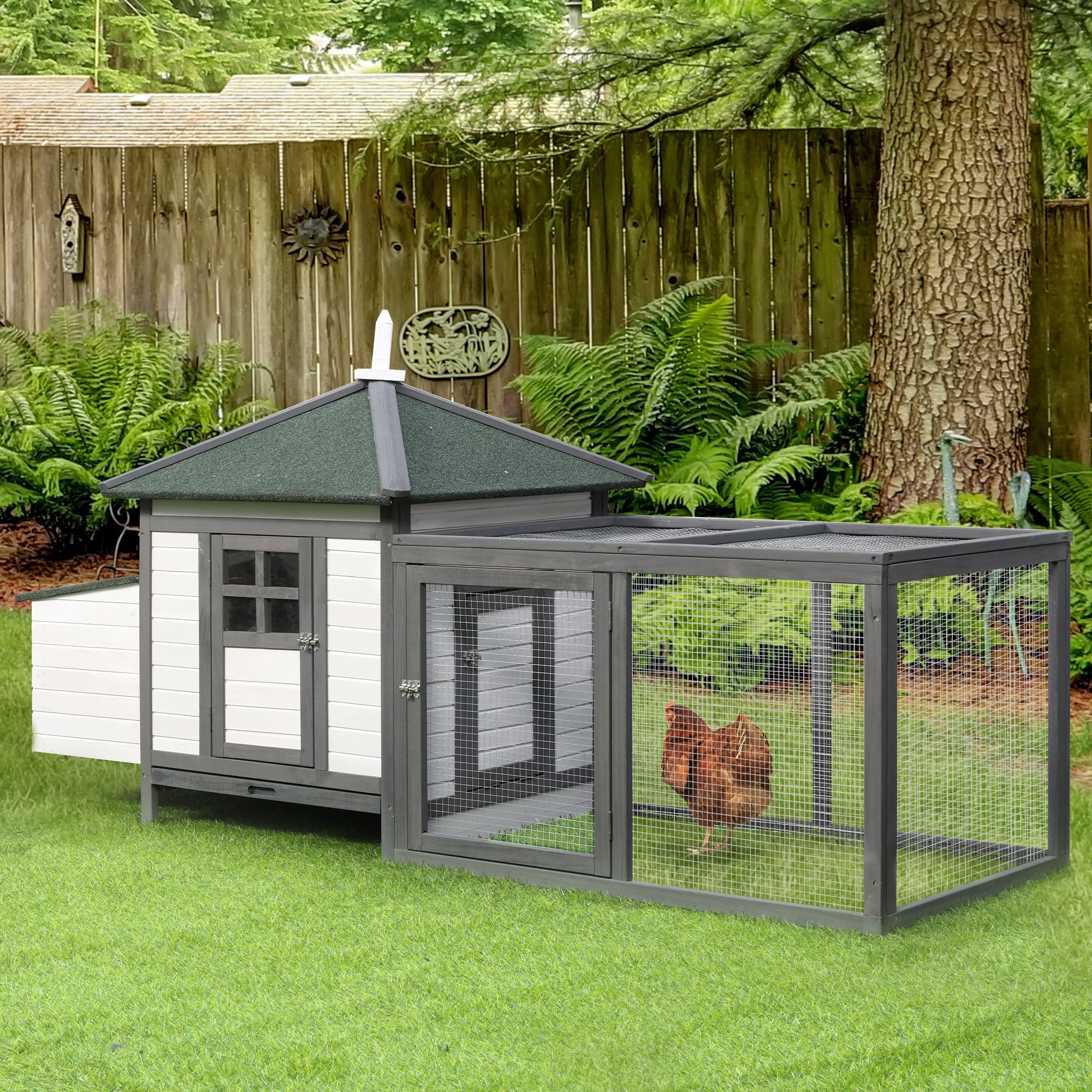 PawHut Chicken Coop with Chicken Run, Outdoor Hen House Poultry Cage with Nesting Box, Openable Top, 196 x 76 x 97cm, Grey