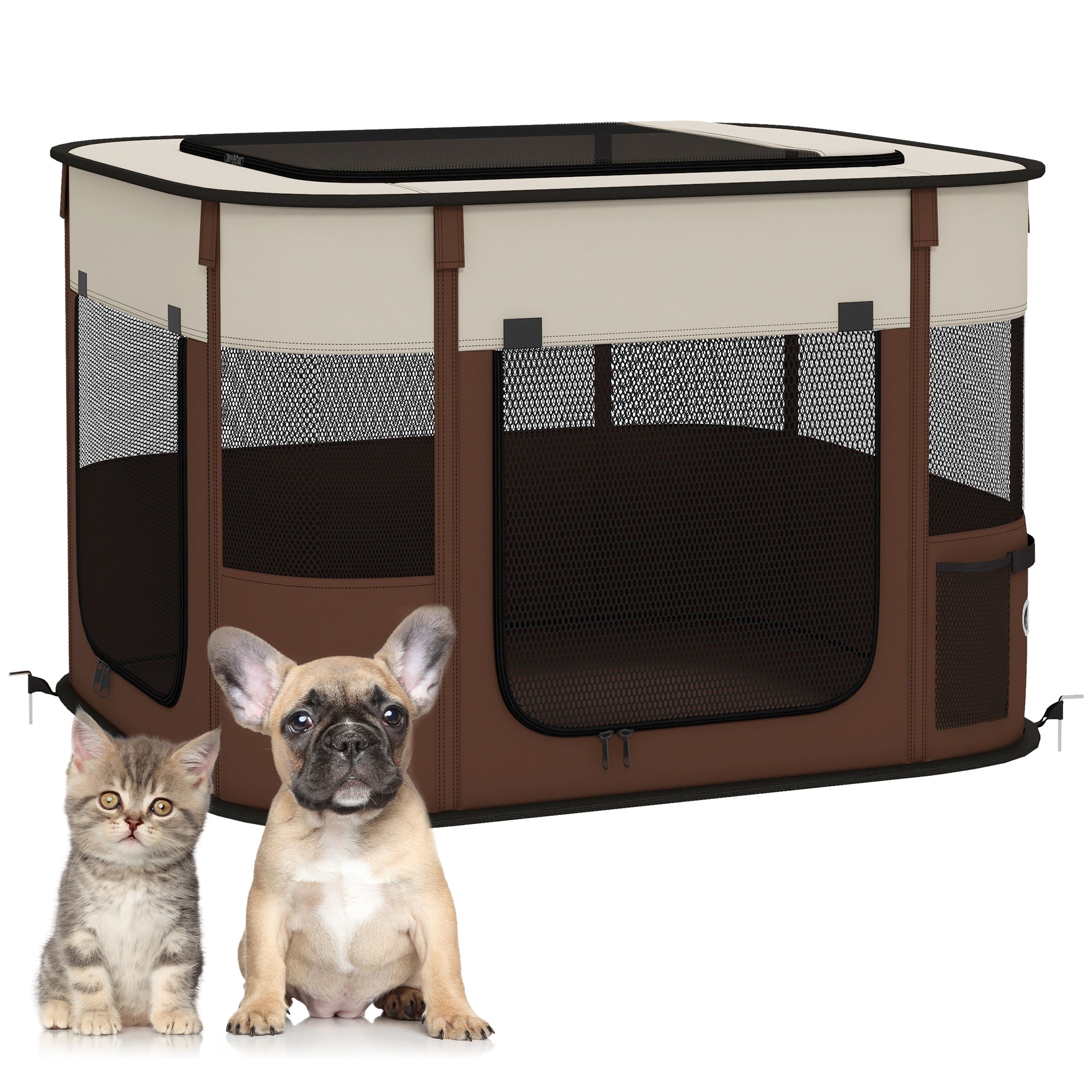 PawHut Dog Pen, Pet Playpen, Portable Foldable Dog Cat Playpen Soft Dog Cage with Storage Bag for Puppies, Rabbits, Kittens, Guinea Pigs, 74 x 60 x 45cm - Brown