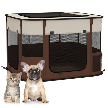 PawHut Dog Pen, Pet Playpen, Portable Foldable Dog Cat Playpen Soft Dog Cage with Storage Bag for Puppies, Rabbits, Kittens, Guinea Pigs, 74 x 60 x 45cm - Brown