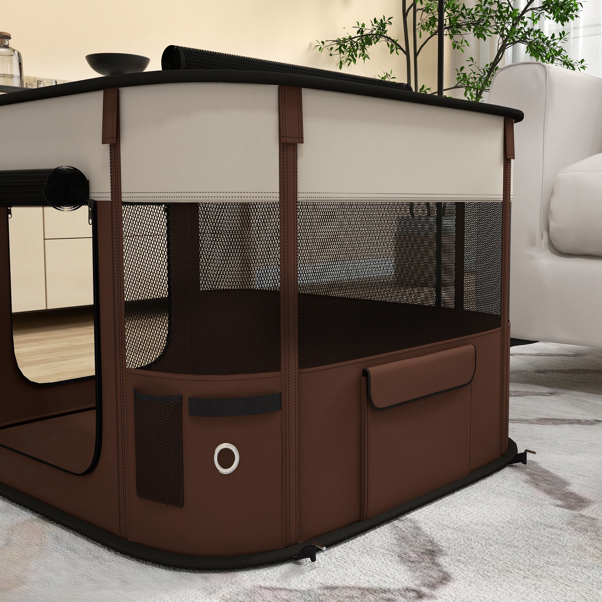 PawHut Dog Pen, Pet Playpen, Portable Foldable Dog Cat Playpen Soft Dog Cage with Storage Bag for Puppies, Rabbits, Kittens, Guinea Pigs, 74 x 60 x 45cm - Brown