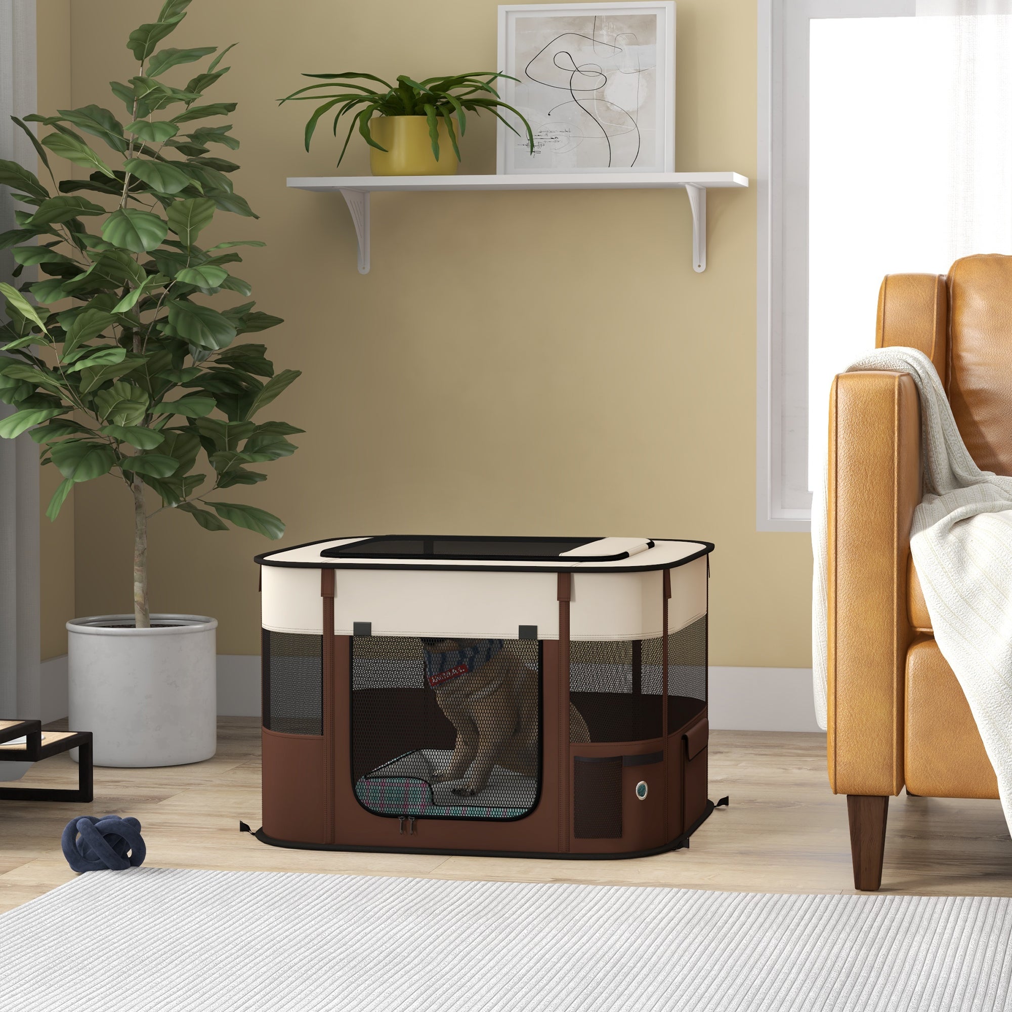 PawHut Dog Pen, Pet Playpen, Portable Foldable Dog Cat Playpen Soft Dog Cage with Storage Bag for Puppies, Rabbits, Kittens, Guinea Pigs, 74 x 60 x 45cm - Brown