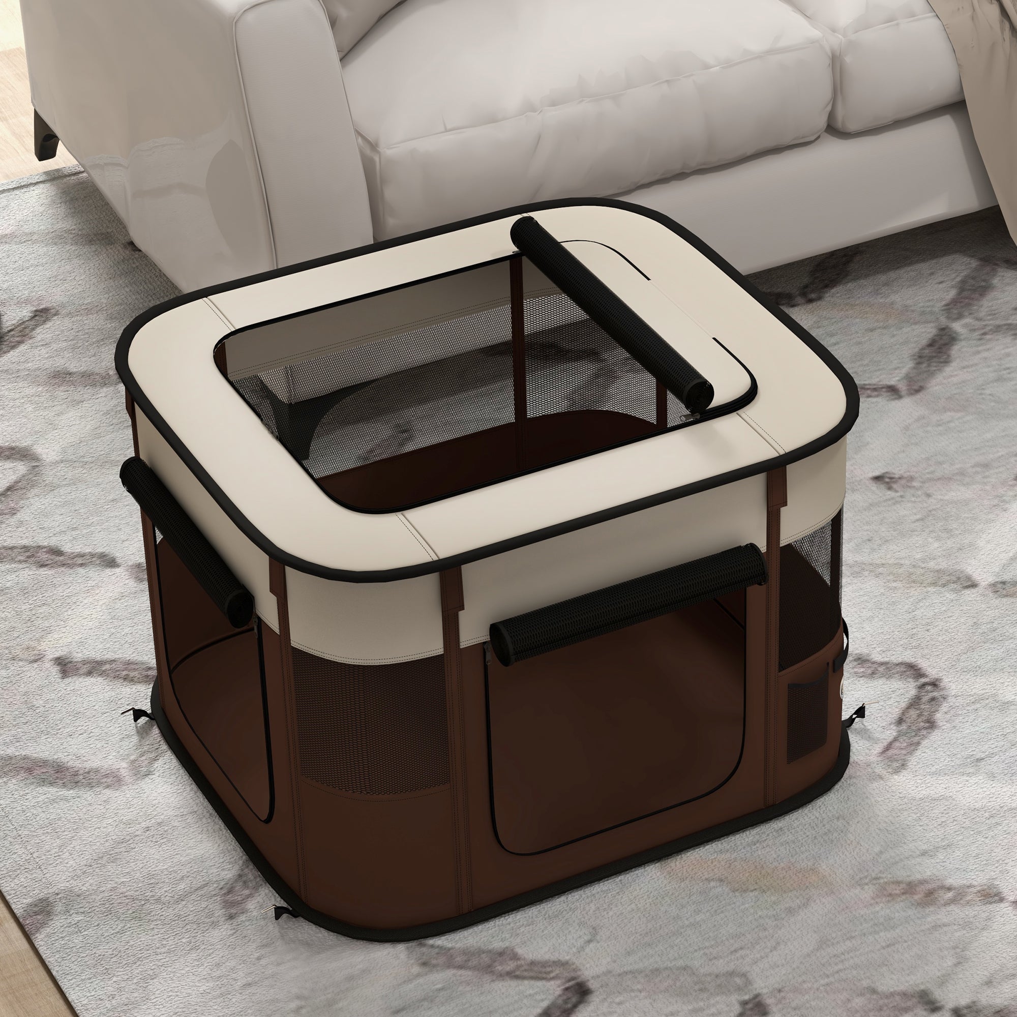 PawHut Dog Pen, Pet Playpen, Portable Foldable Dog Cat Playpen Soft Dog Cage with Storage Bag for Puppies, Rabbits, Kittens, Guinea Pigs, 74 x 60 x 45cm - Brown