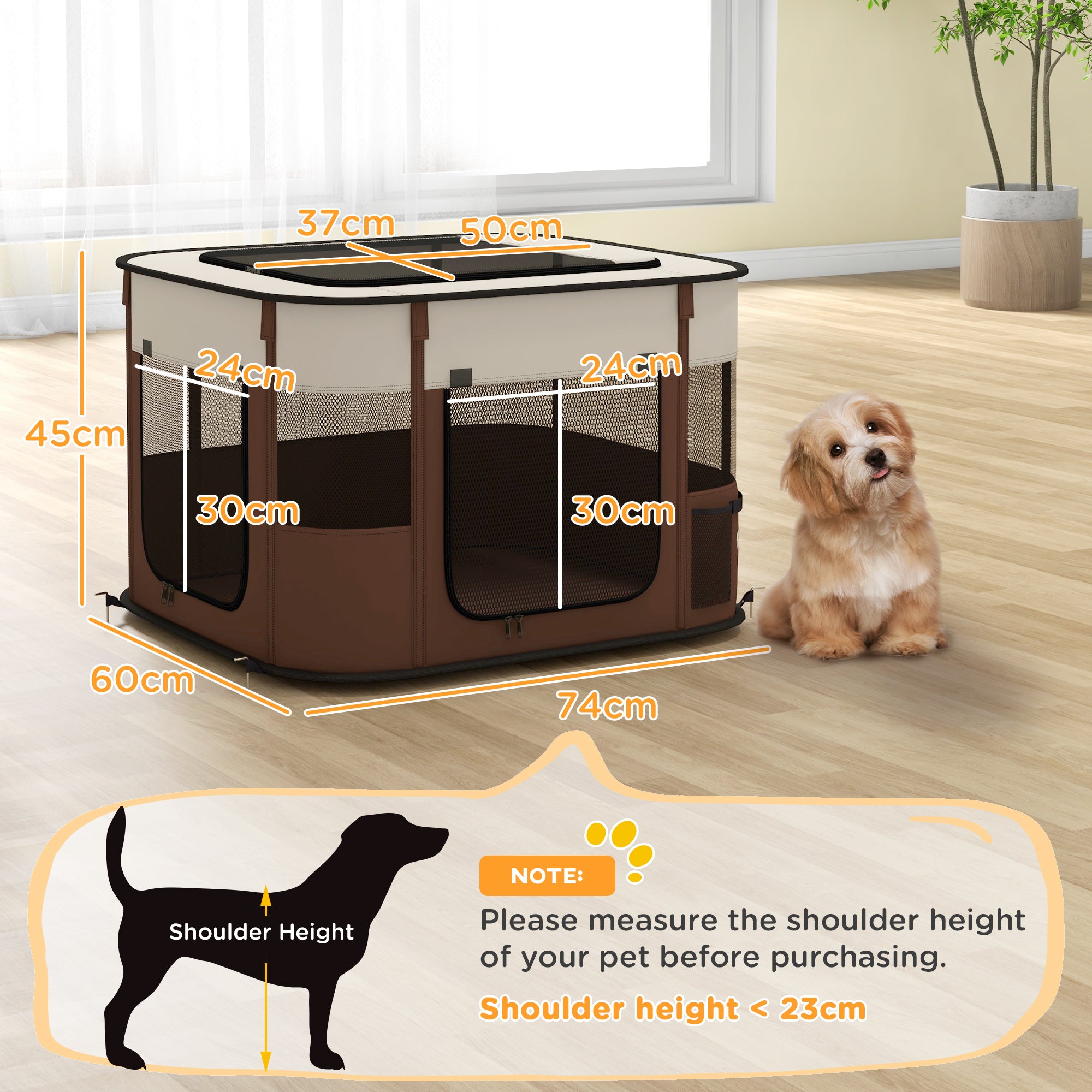PawHut Dog Pen, Pet Playpen, Portable Foldable Dog Cat Playpen Soft Dog Cage with Storage Bag for Puppies, Rabbits, Kittens, Guinea Pigs, 74 x 60 x 45cm - Brown