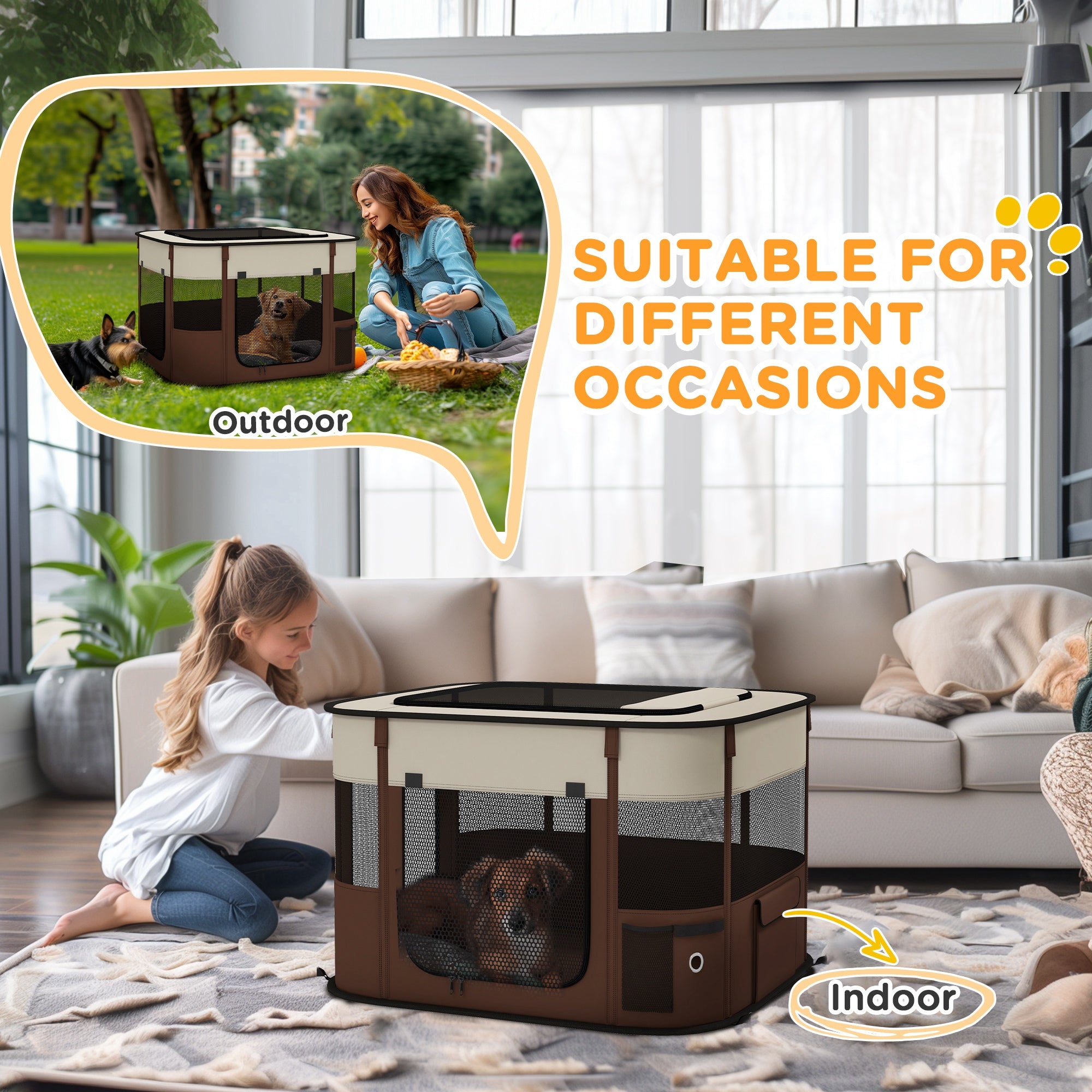 PawHut Dog Pen, Pet Playpen, Portable Foldable Dog Cat Playpen Soft Dog Cage with Storage Bag for Puppies, Rabbits, Kittens, Guinea Pigs, 74 x 60 x 45cm - Brown