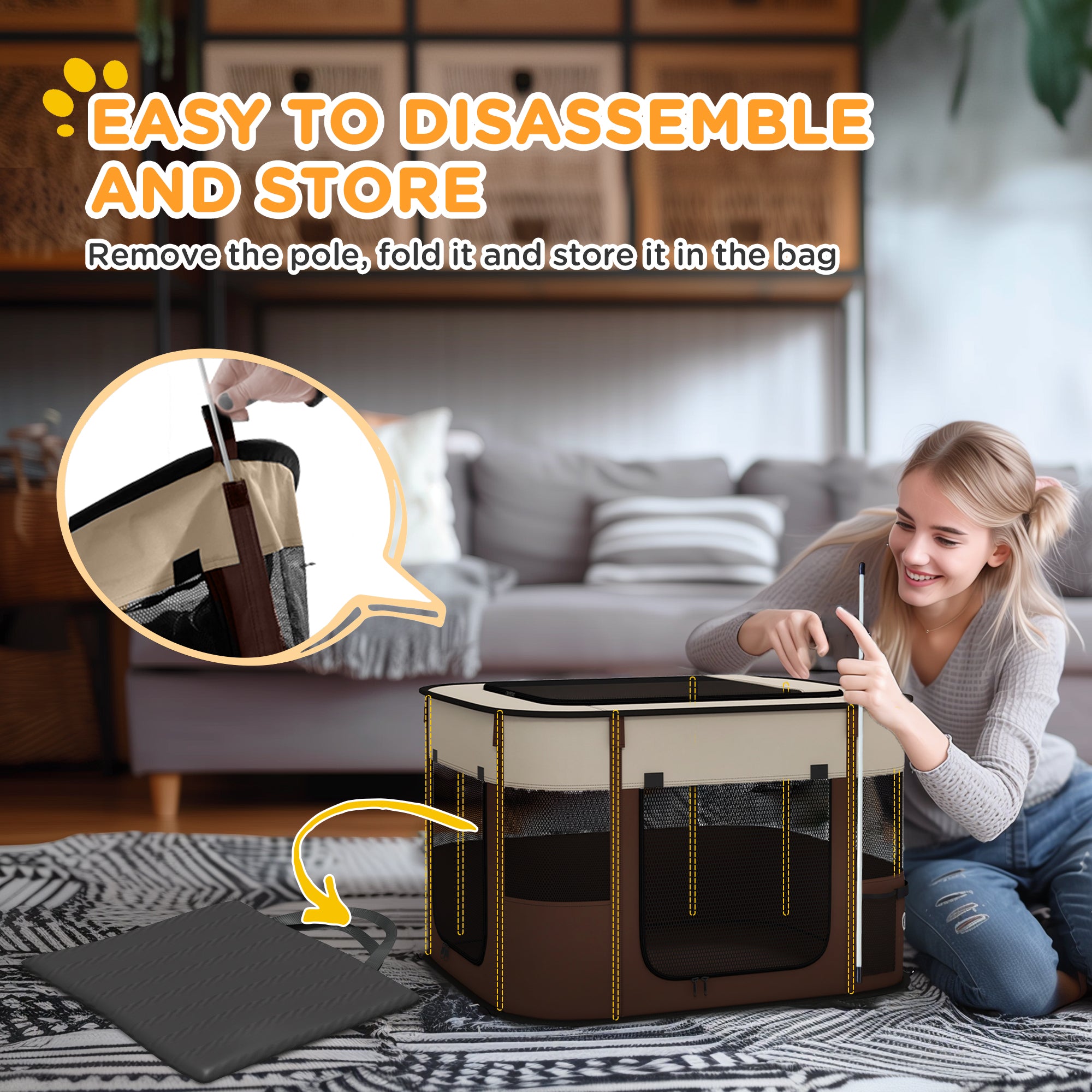 PawHut Dog Pen, Pet Playpen, Portable Foldable Dog Cat Playpen Soft Dog Cage with Storage Bag for Puppies, Rabbits, Kittens, Guinea Pigs, 74 x 60 x 45cm - Brown