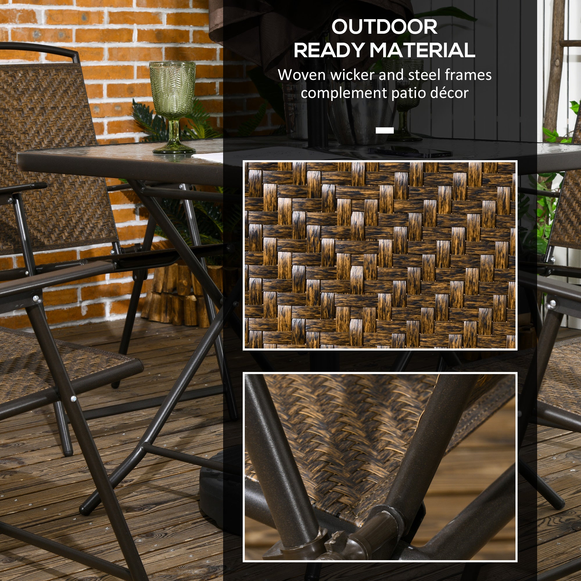Outsunny 5 Pieces Outdoor Dining Set, Folding Rattan Patio Table and Chairs for 4 with Umbrella Hole, Tempered Glass Top, Dark Brown