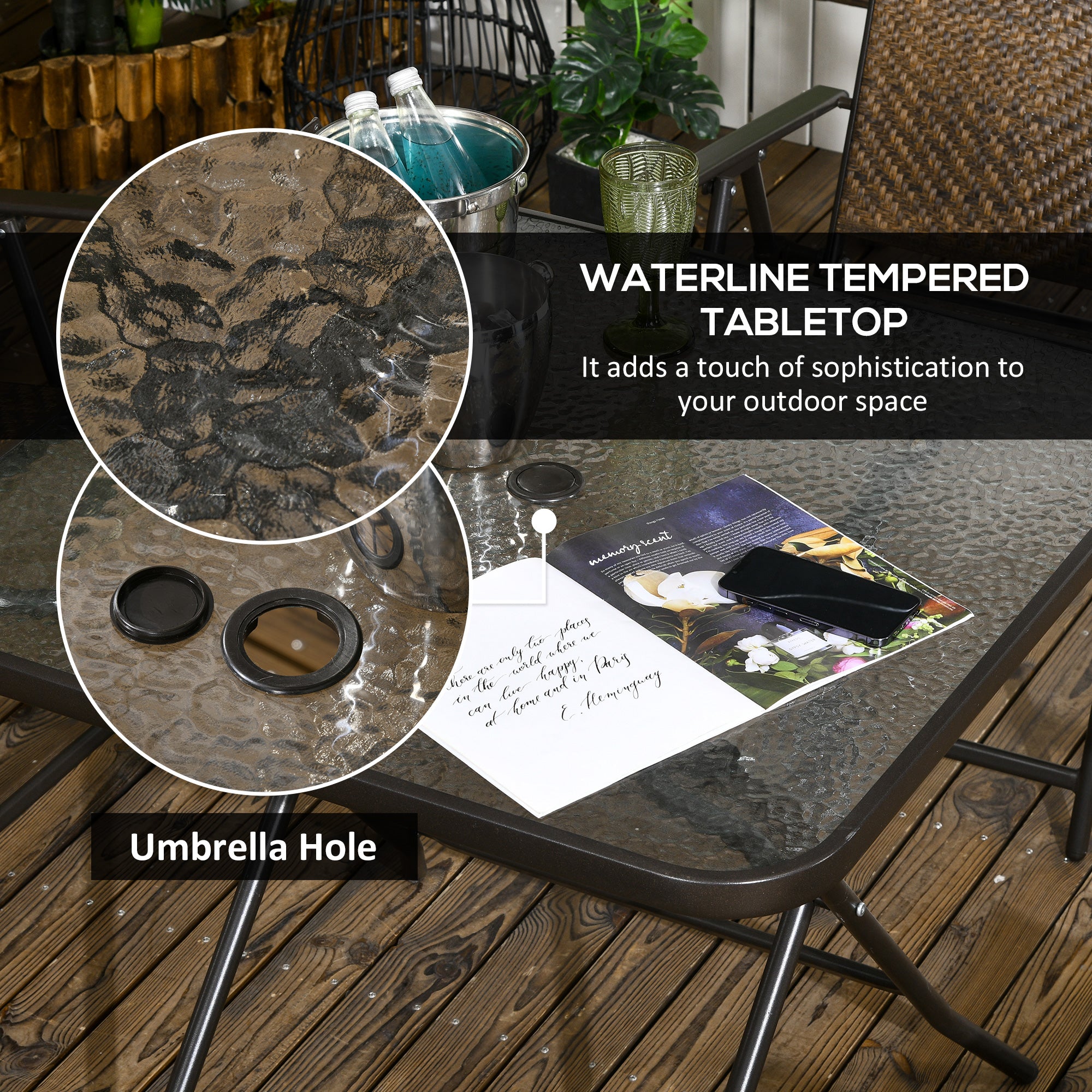 Outsunny 5 Pieces Outdoor Dining Set, Folding Rattan Patio Table and Chairs for 4 with Umbrella Hole, Tempered Glass Top, Dark Brown