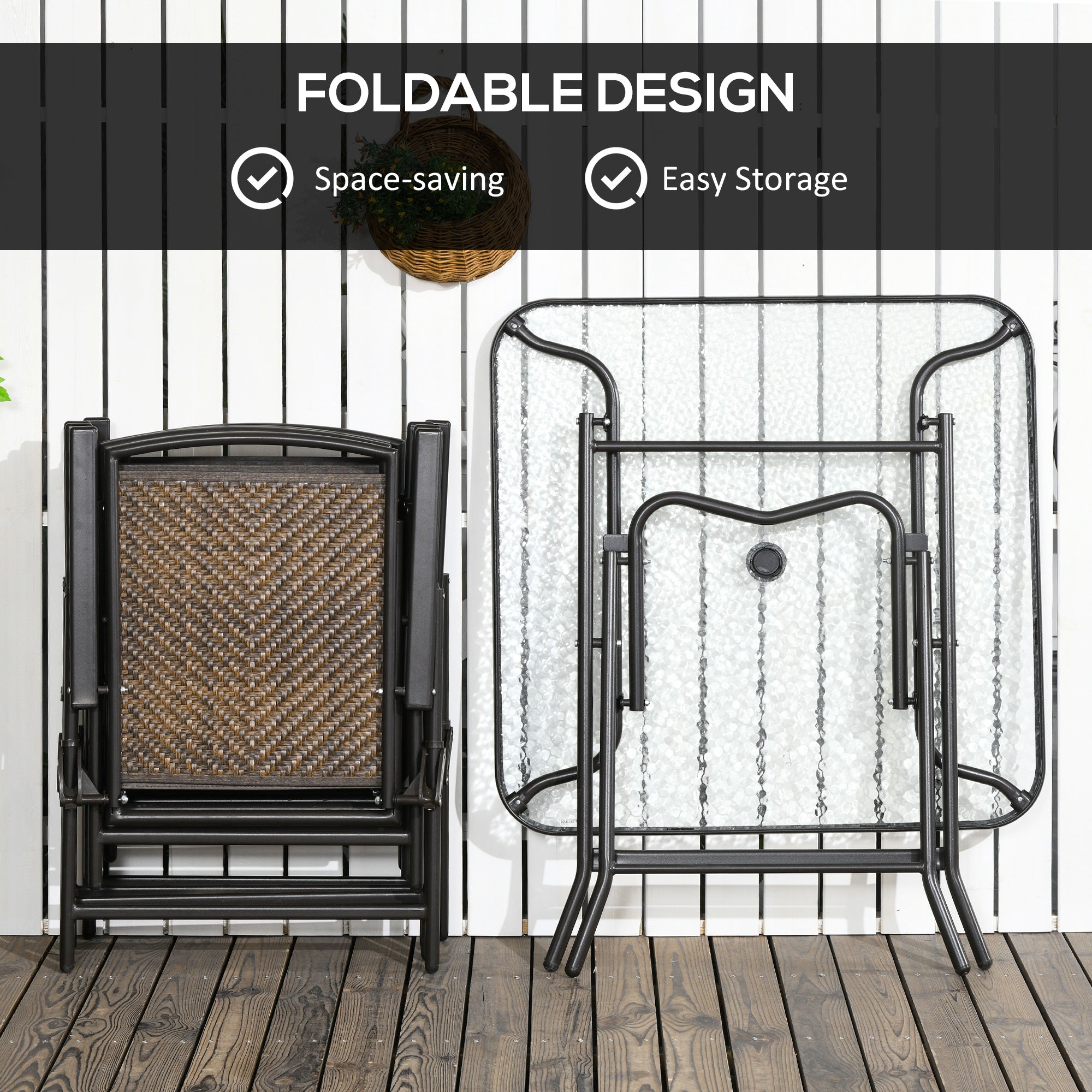 Outsunny 5 Pieces Outdoor Dining Set, Folding Rattan Patio Table and Chairs for 4 with Umbrella Hole, Tempered Glass Top, Dark Brown