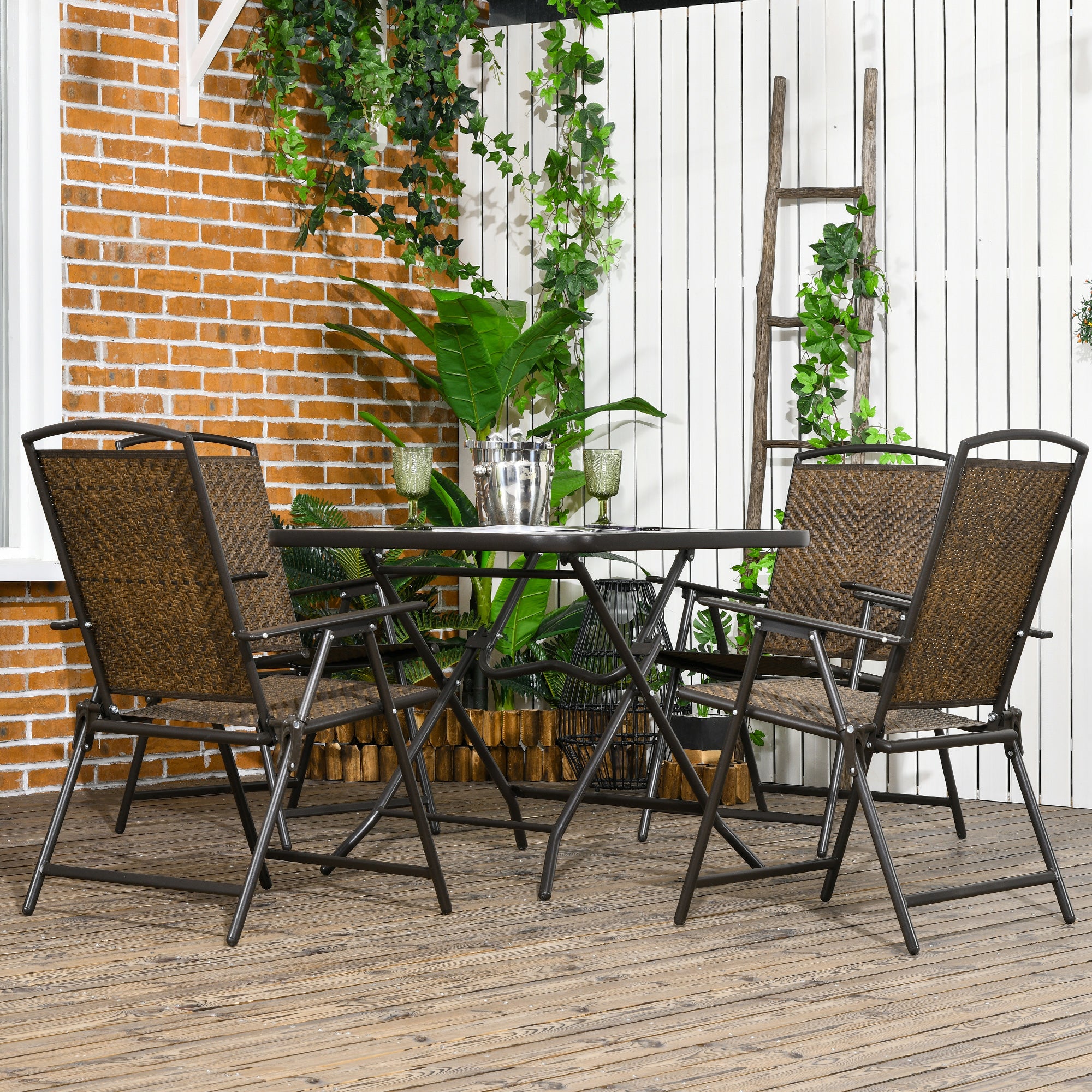 Outsunny 5 Pieces Outdoor Dining Set, Folding Rattan Patio Table and Chairs for 4 with Umbrella Hole, Tempered Glass Top, Dark Brown