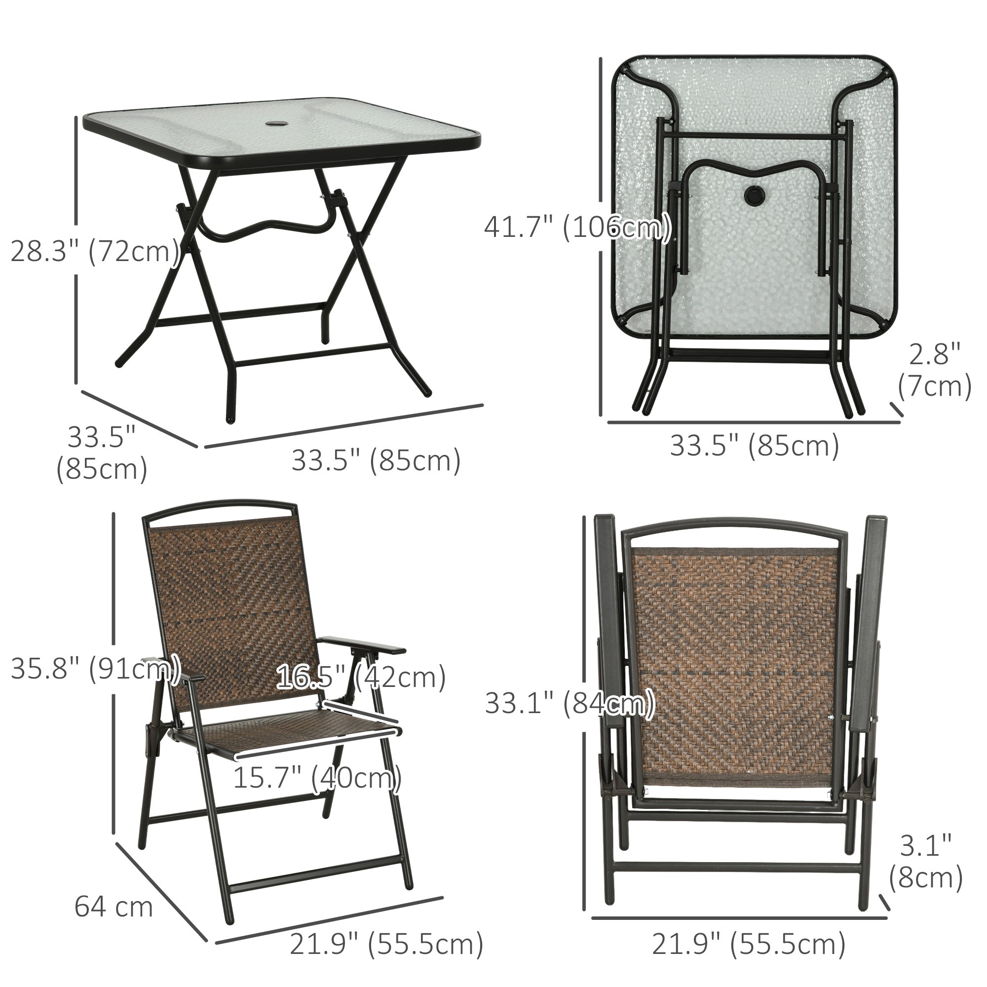 Outsunny 5 Pieces Outdoor Dining Set, Folding Rattan Patio Table and Chairs for 4 with Umbrella Hole, Tempered Glass Top, Dark Brown
