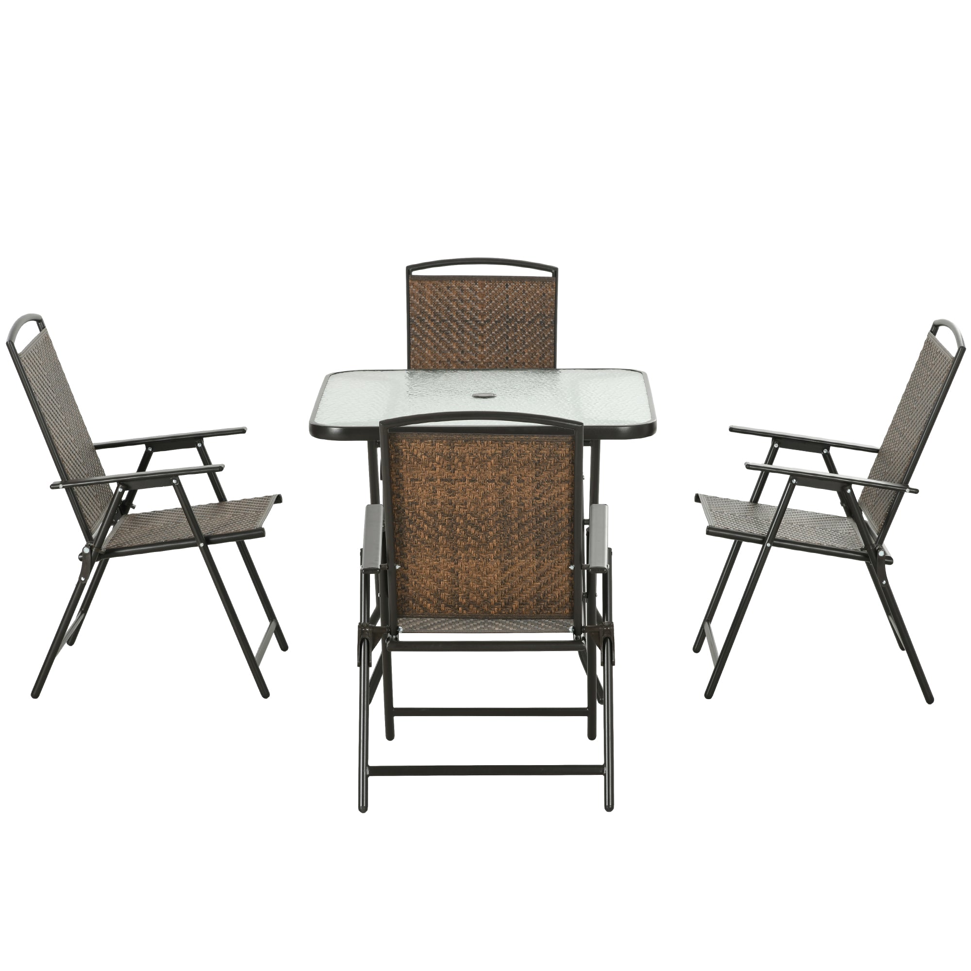 Outsunny 5 Pieces Outdoor Dining Set, Folding Rattan Patio Table and Chairs for 4 with Umbrella Hole, Tempered Glass Top, Dark Brown