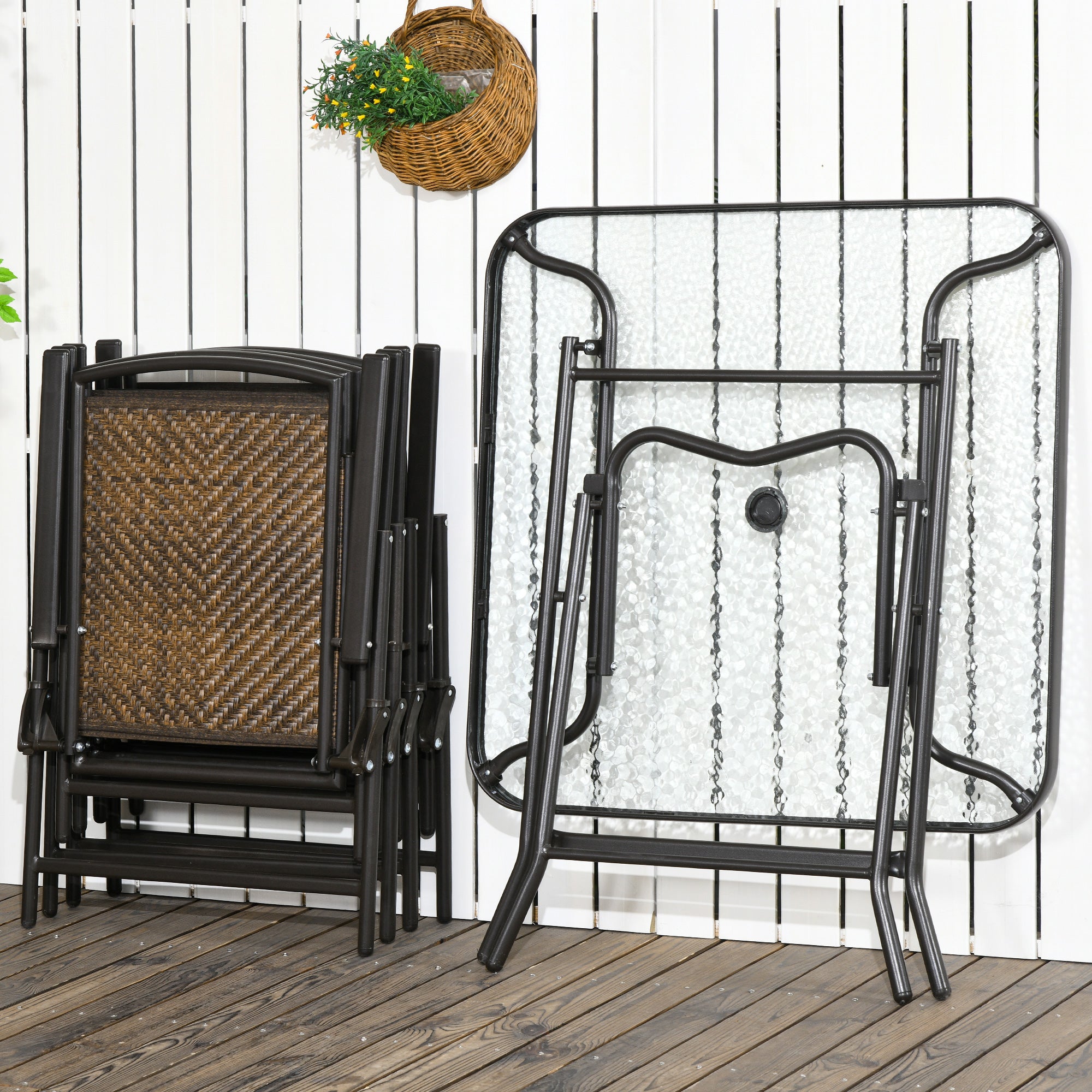 Outsunny 5 Pieces Outdoor Dining Set, Folding Rattan Patio Table and Chairs for 4 with Umbrella Hole, Tempered Glass Top, Dark Brown