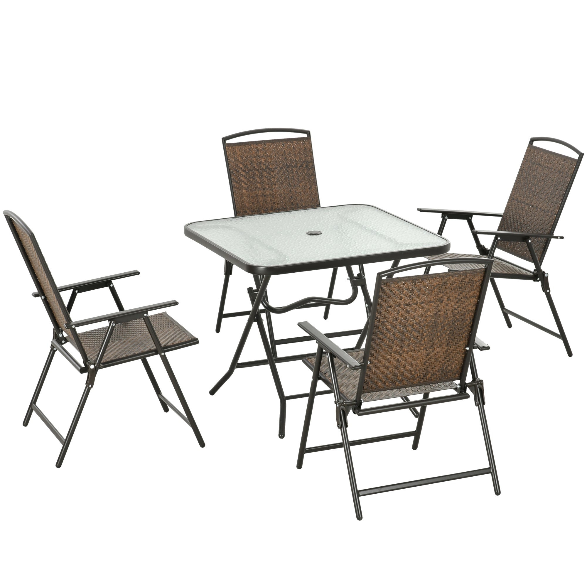 Outsunny 5 Pieces Outdoor Dining Set, Folding Rattan Patio Table and Chairs for 4 with Umbrella Hole, Tempered Glass Top, Dark Brown