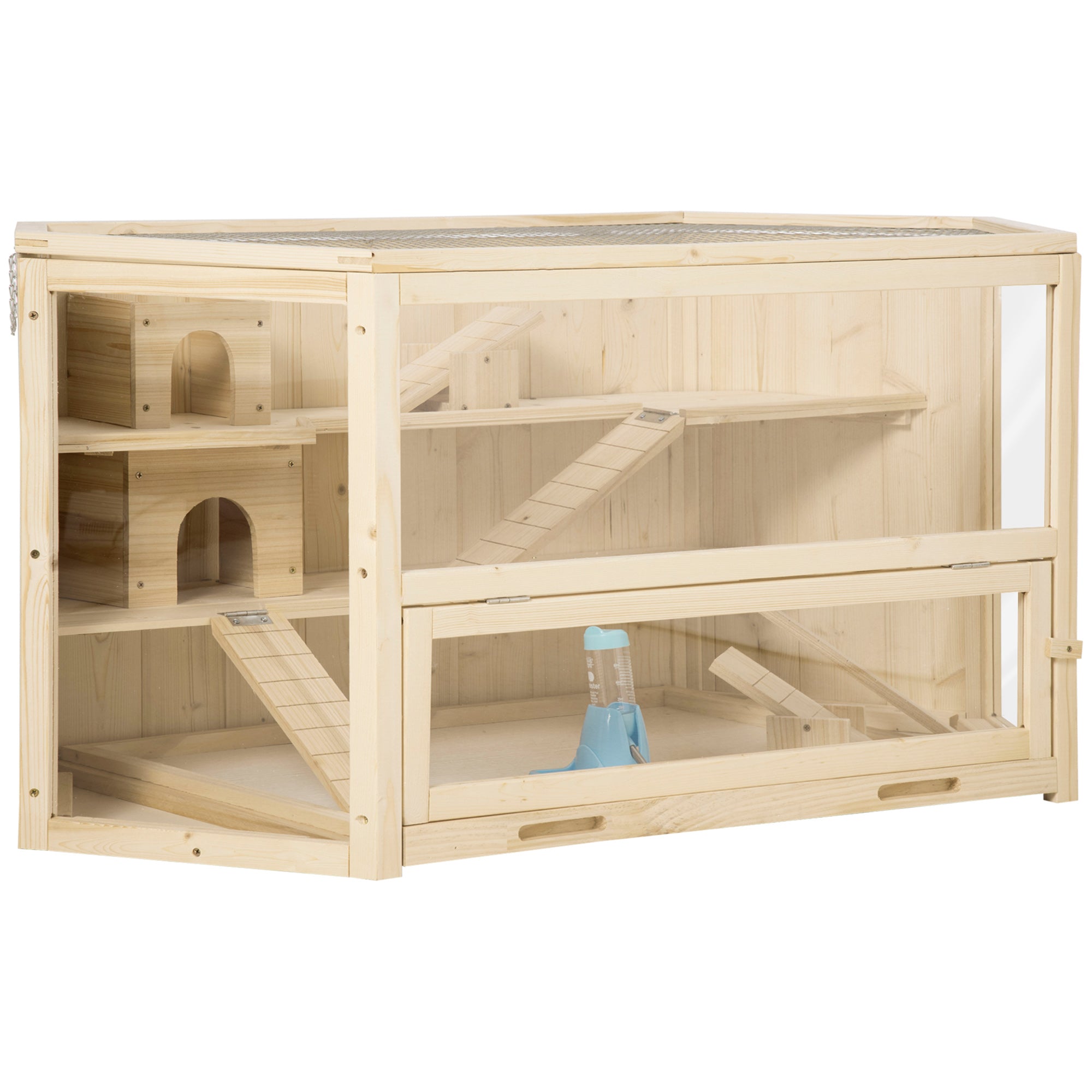 PawHut Fir Wood Large Hamster Cage Mouse Rats Small Animal Exercise Play House 3 Tier with Tray Seesaws Activity Center